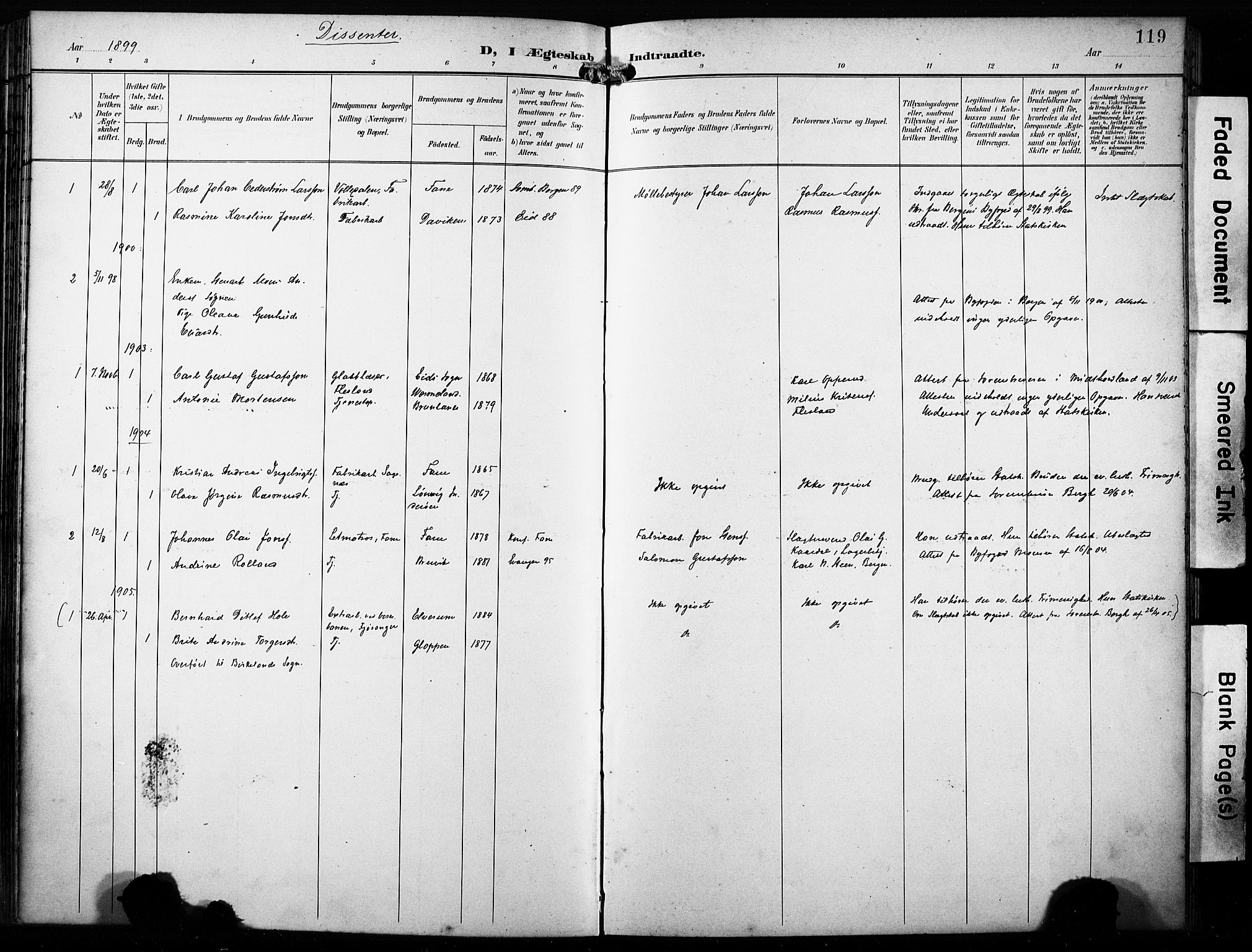 Fana Sokneprestembete, AV/SAB-A-75101/H/Haa/Haab/L0003: Parish register (official) no. B 3, 1898-1907, p. 119