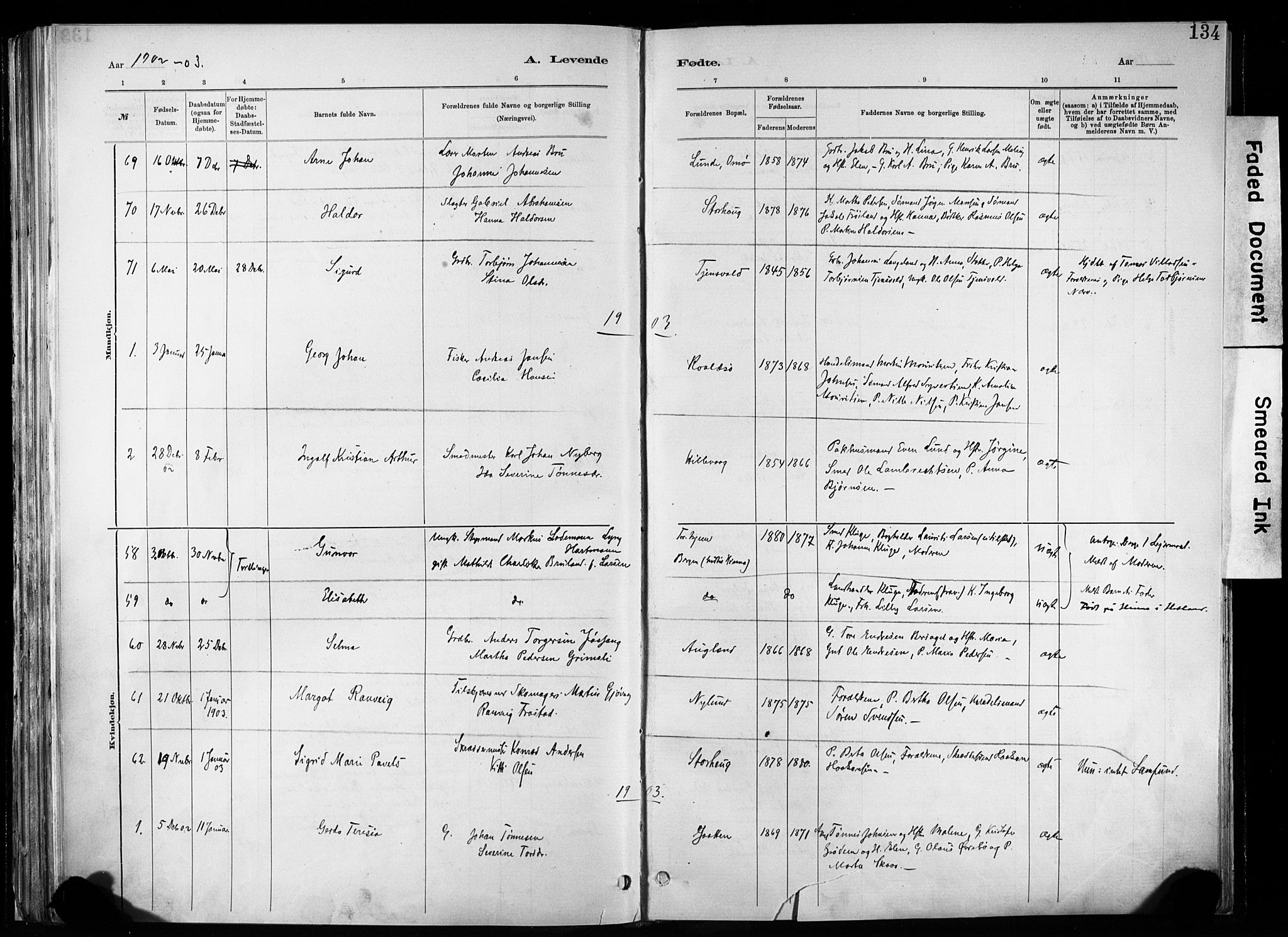 Hetland sokneprestkontor, SAST/A-101826/30/30BA/L0011: Parish register (official) no. A 11, 1884-1911, p. 134