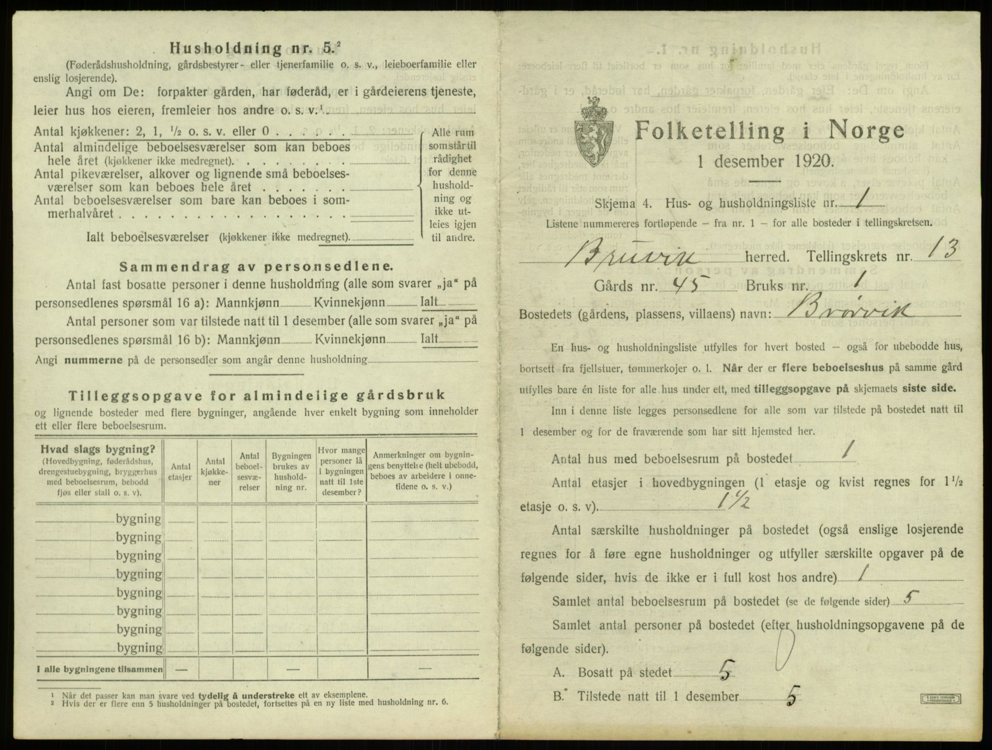 SAB, 1920 census for Bruvik, 1920, p. 883