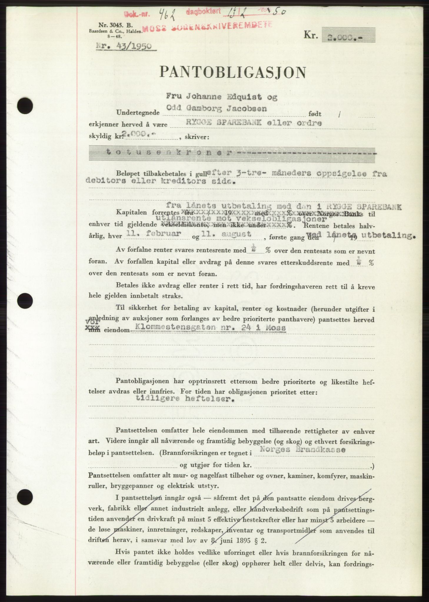 Moss sorenskriveri, SAO/A-10168: Mortgage book no. B23, 1949-1950, Diary no: : 462/1950