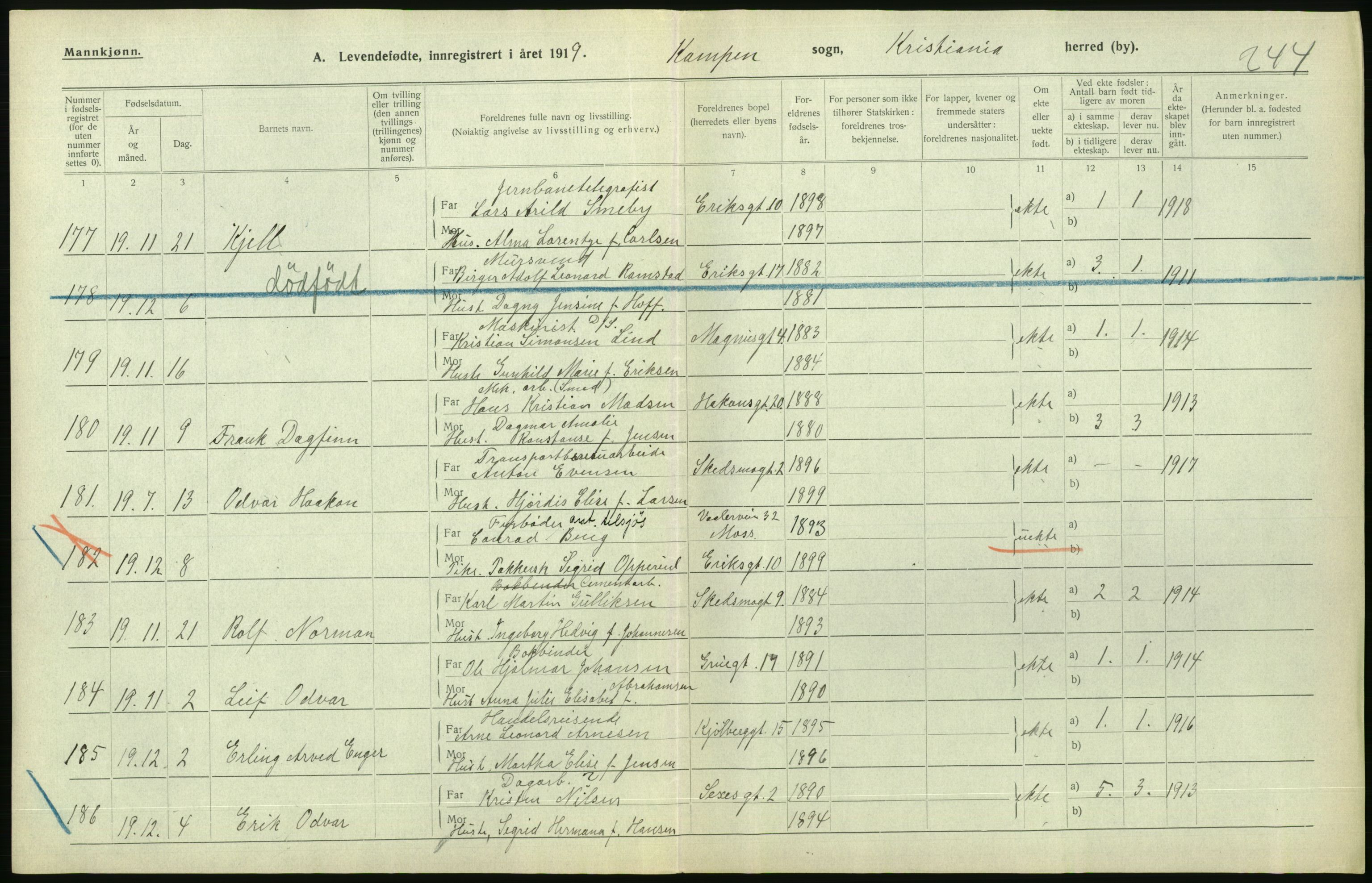 Statistisk sentralbyrå, Sosiodemografiske emner, Befolkning, AV/RA-S-2228/D/Df/Dfb/Dfbi/L0008: Kristiania: Levendefødte menn og kvinner., 1919