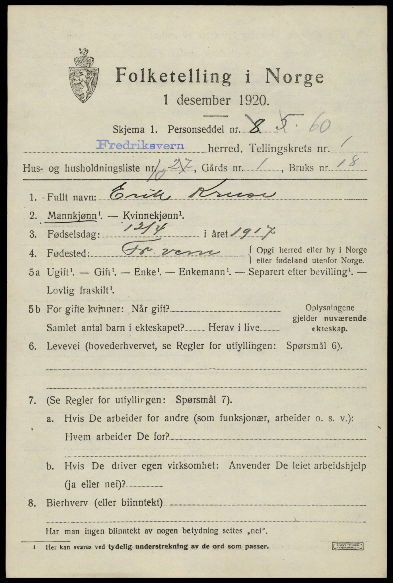 SAKO, 1920 census for Fredriksvern, 1920, p. 569
