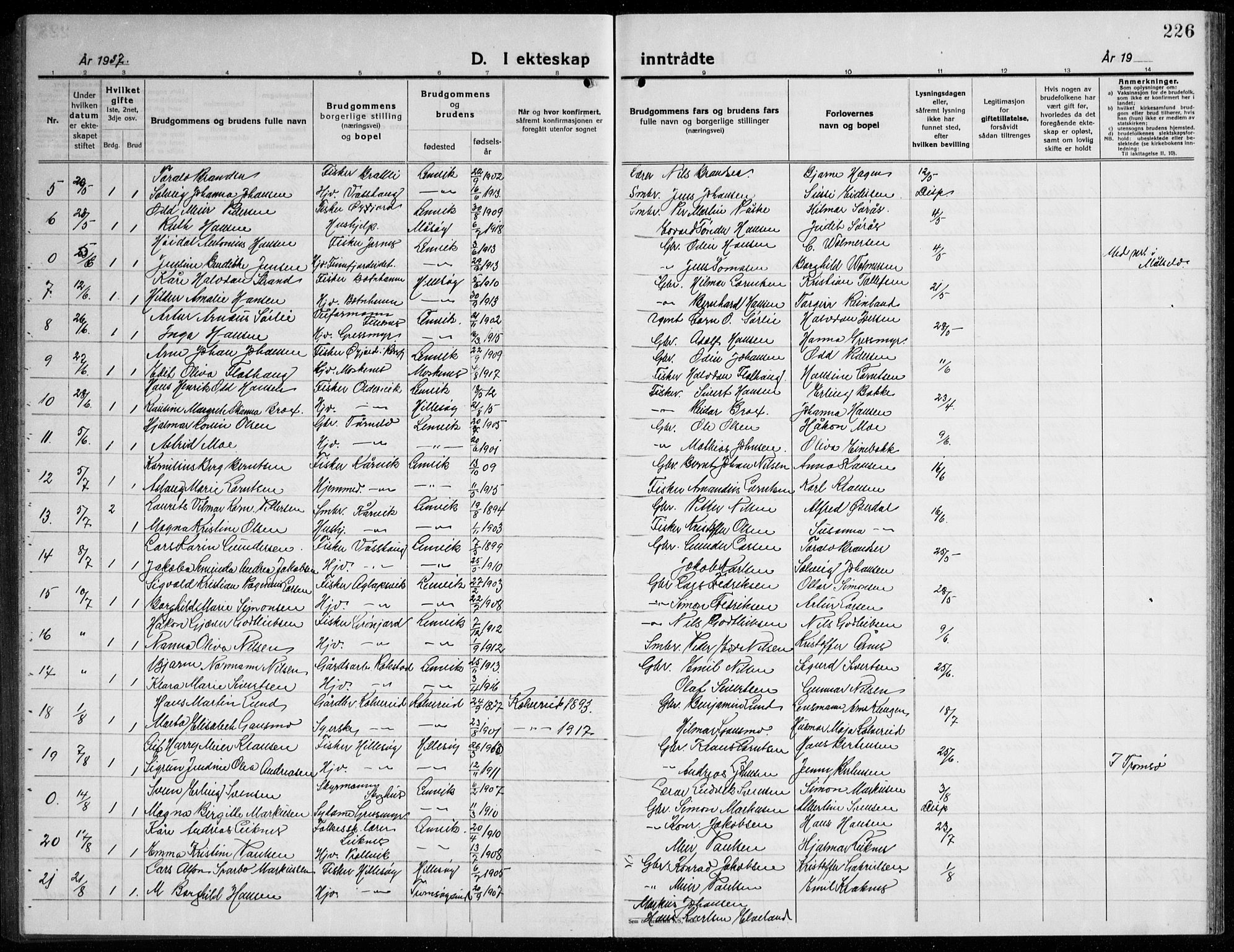 Lenvik sokneprestembete, AV/SATØ-S-1310/H/Ha/Hab/L0010klokker: Parish register (copy) no. 10, 1927-1945, p. 226