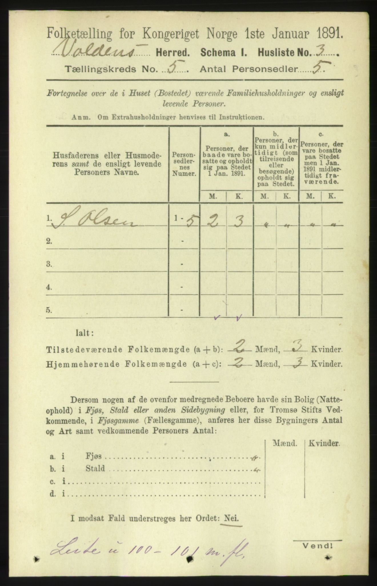 RA, 1891 census for 1519 Volda, 1891, p. 2215