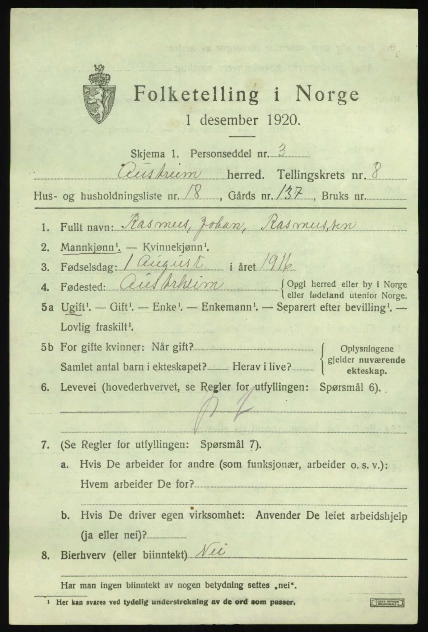 SAB, 1920 census for Austrheim, 1920, p. 3190