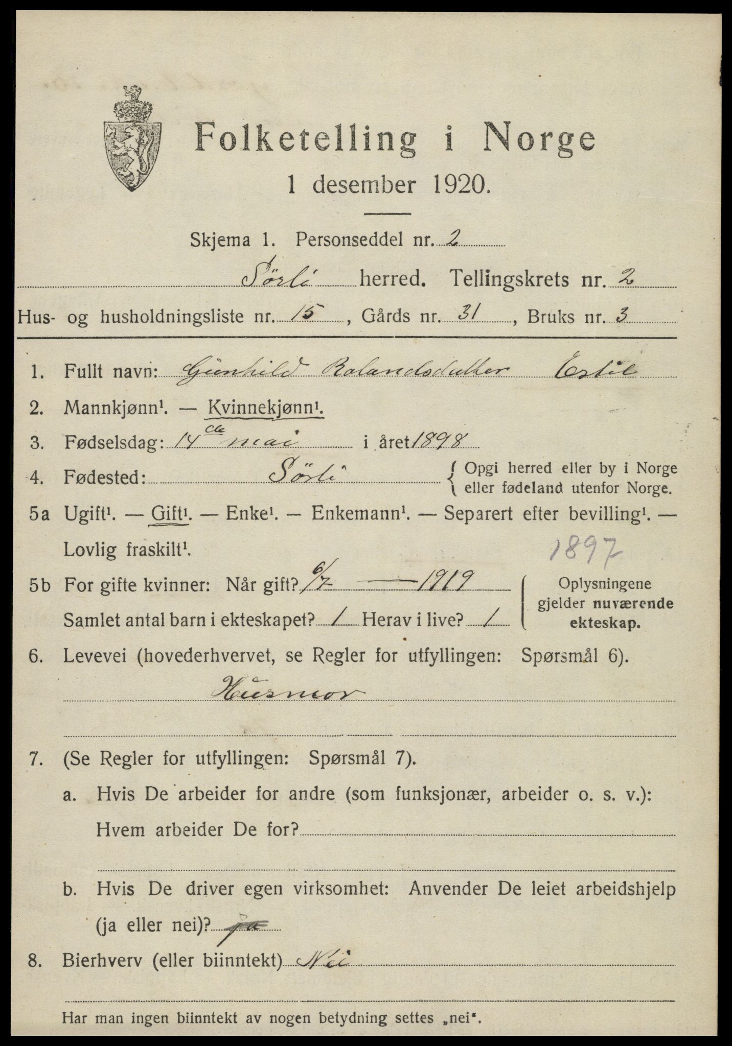 SAT, 1920 census for Sørli, 1920, p. 1027