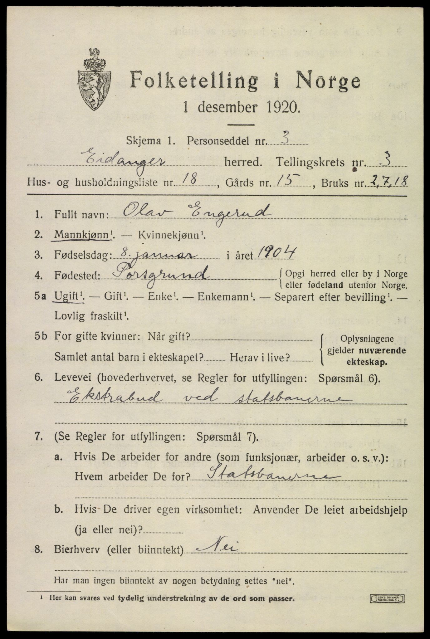 SAKO, 1920 census for Eidanger, 1920, p. 3508