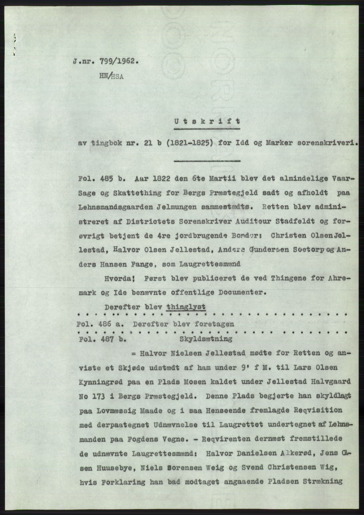 Statsarkivet i Oslo, AV/SAO-A-10621/Z/Zd/L0016: Avskrifter, j.nr 706-1878/1962, 1962, p. 78