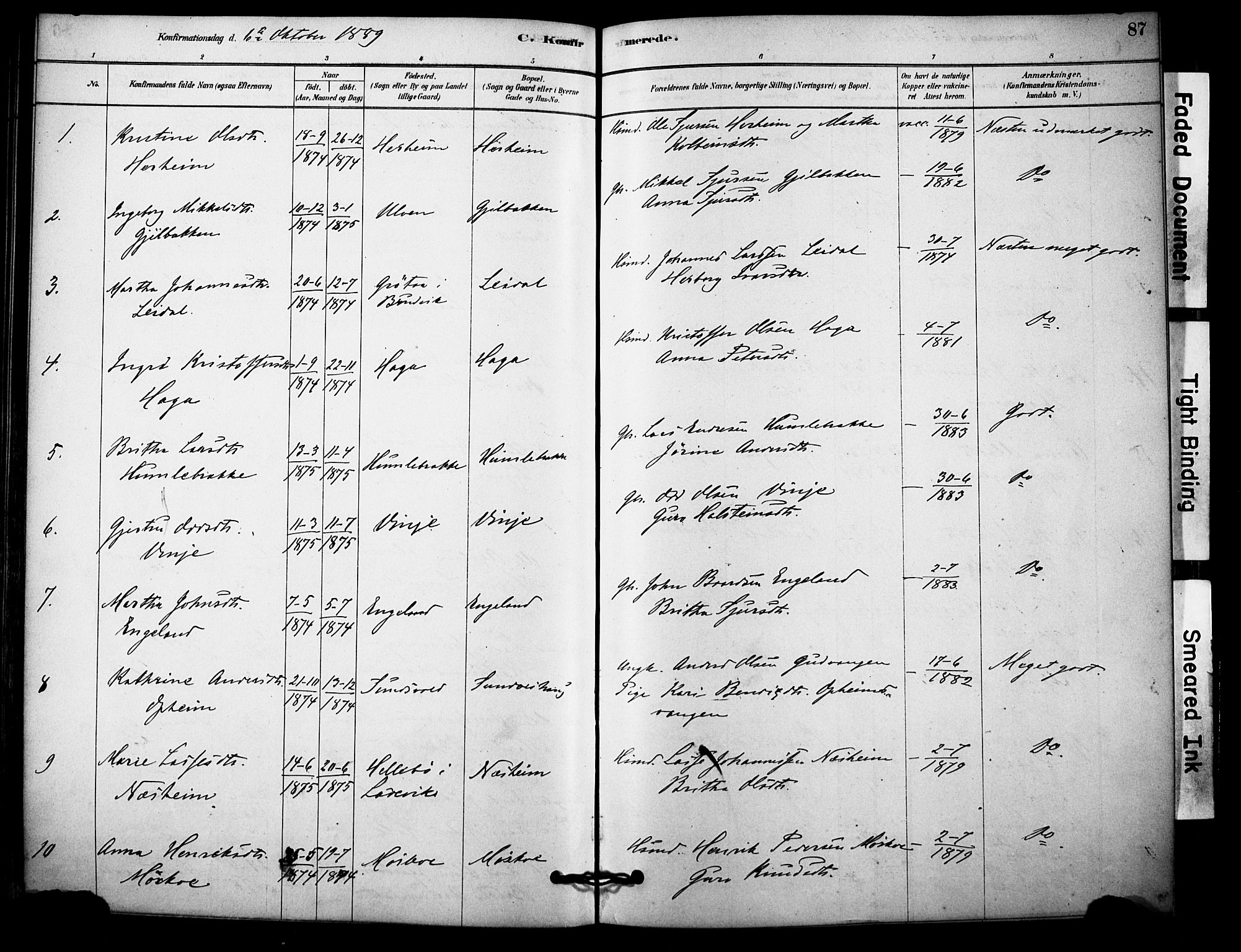 Vossestrand Sokneprestembete, AV/SAB-A-79101/H/Haa: Parish register (official) no. C 1, 1878-1903, p. 87