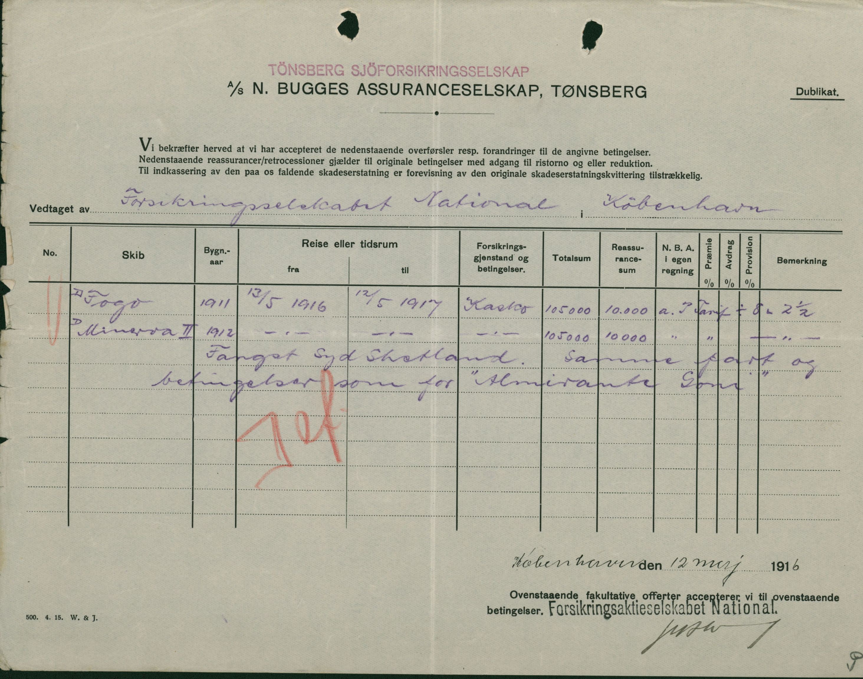 Pa 664 - Tønsberg Sjøforsikringsselskap, VEMU/A-1773/F/L0001: Forsikringspoliser, 1915-1918