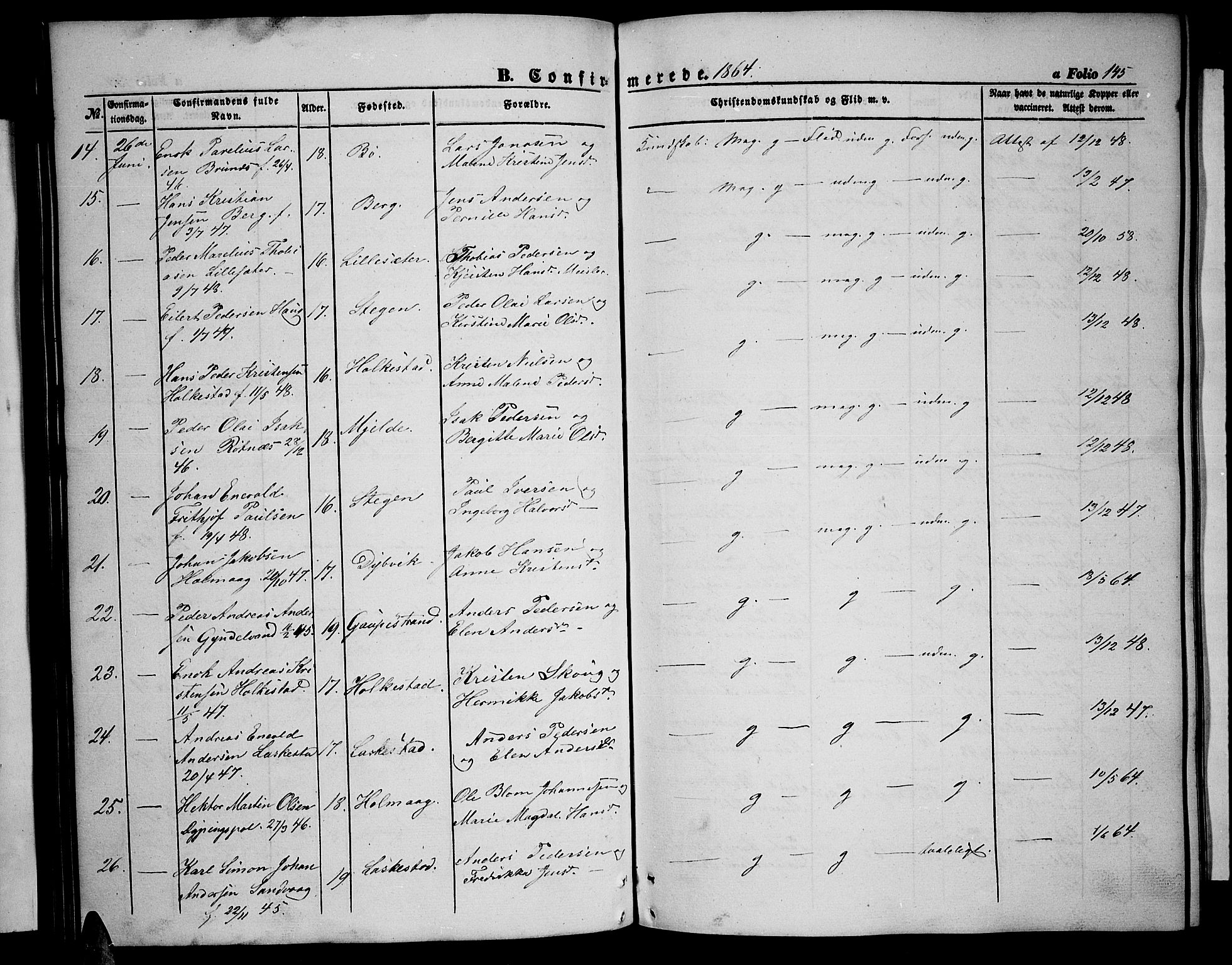 Ministerialprotokoller, klokkerbøker og fødselsregistre - Nordland, SAT/A-1459/855/L0814: Parish register (copy) no. 855C03, 1851-1864, p. 145