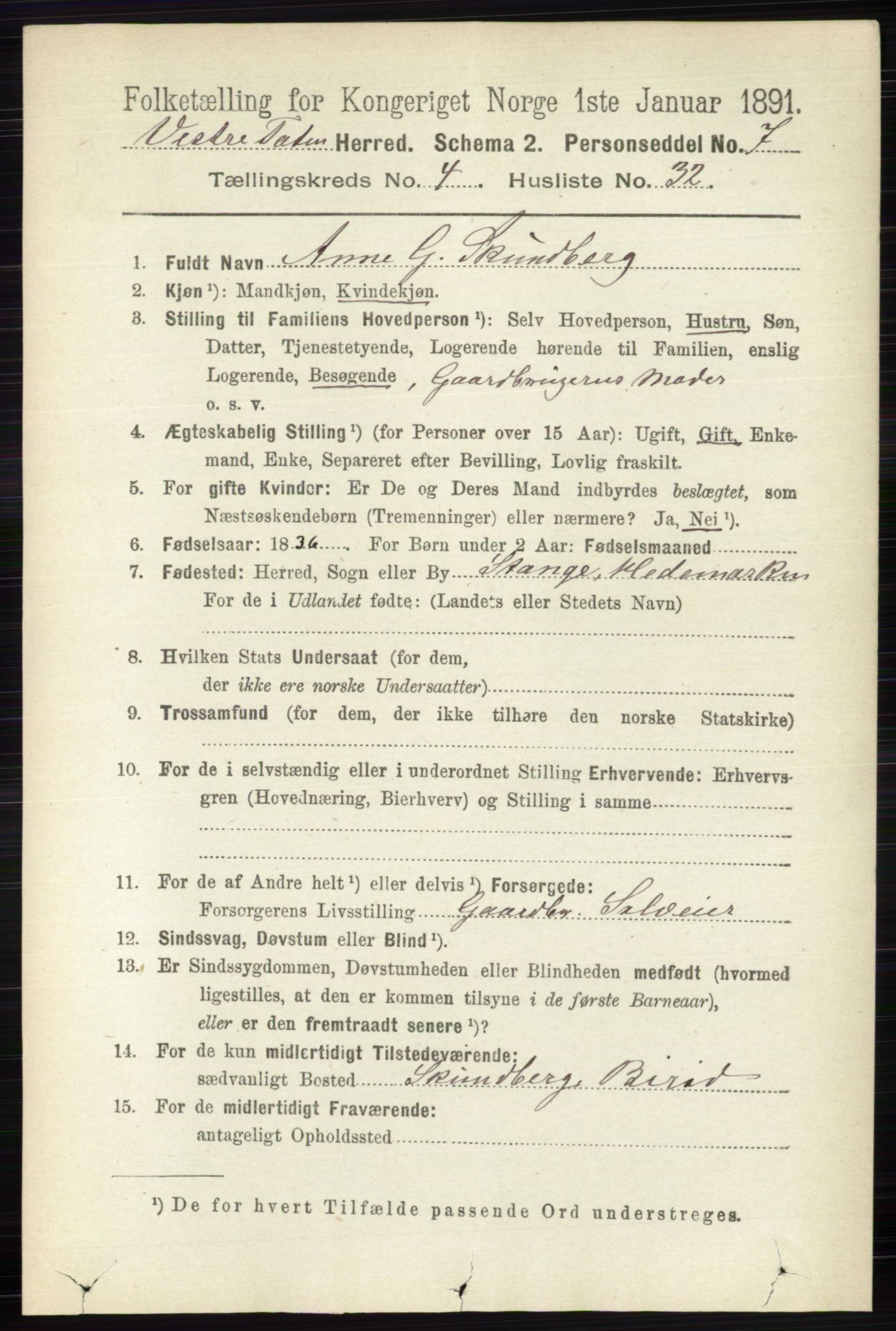 RA, 1891 census for 0529 Vestre Toten, 1891, p. 2891