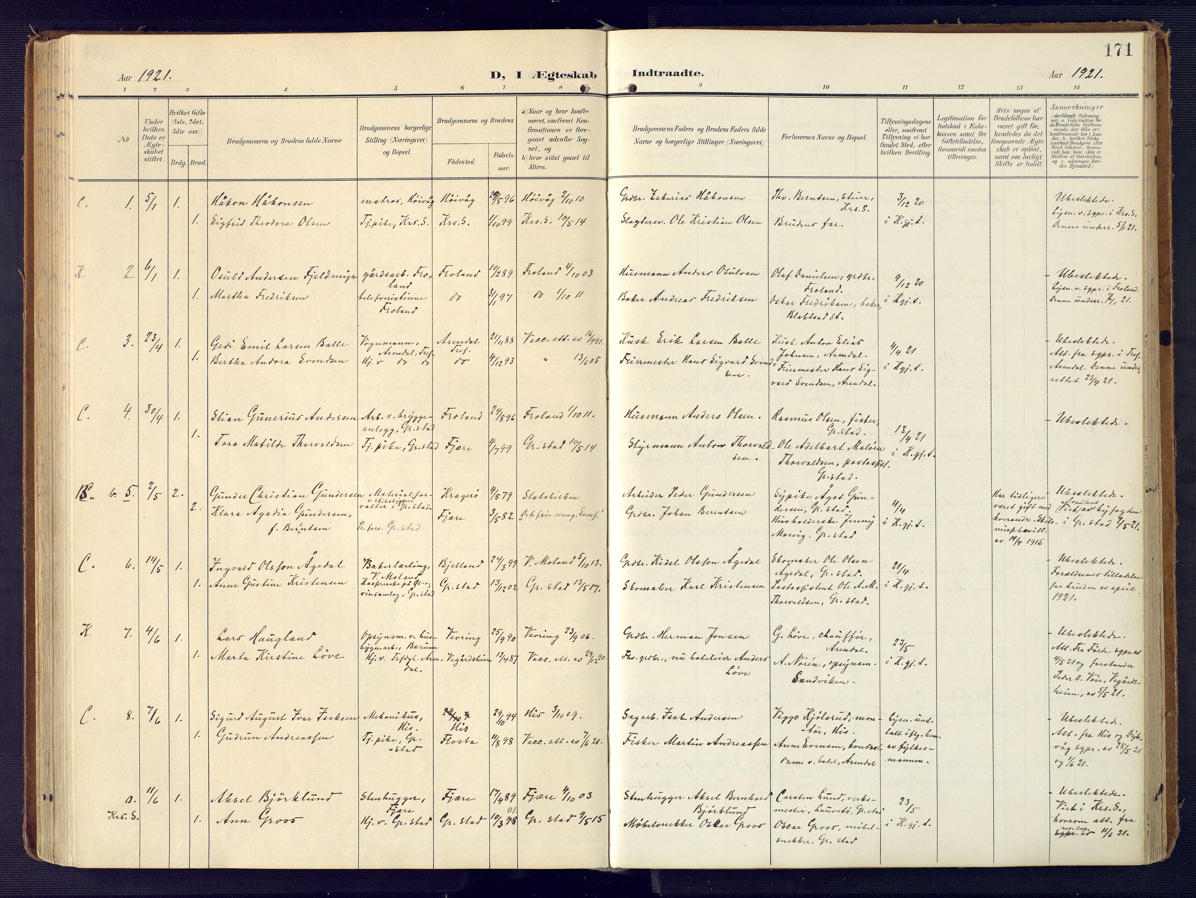 Grimstad sokneprestkontor, SAK/1111-0017/F/Fa/L0005: Parish register (official) no. A 4, 1911-1924, p. 171
