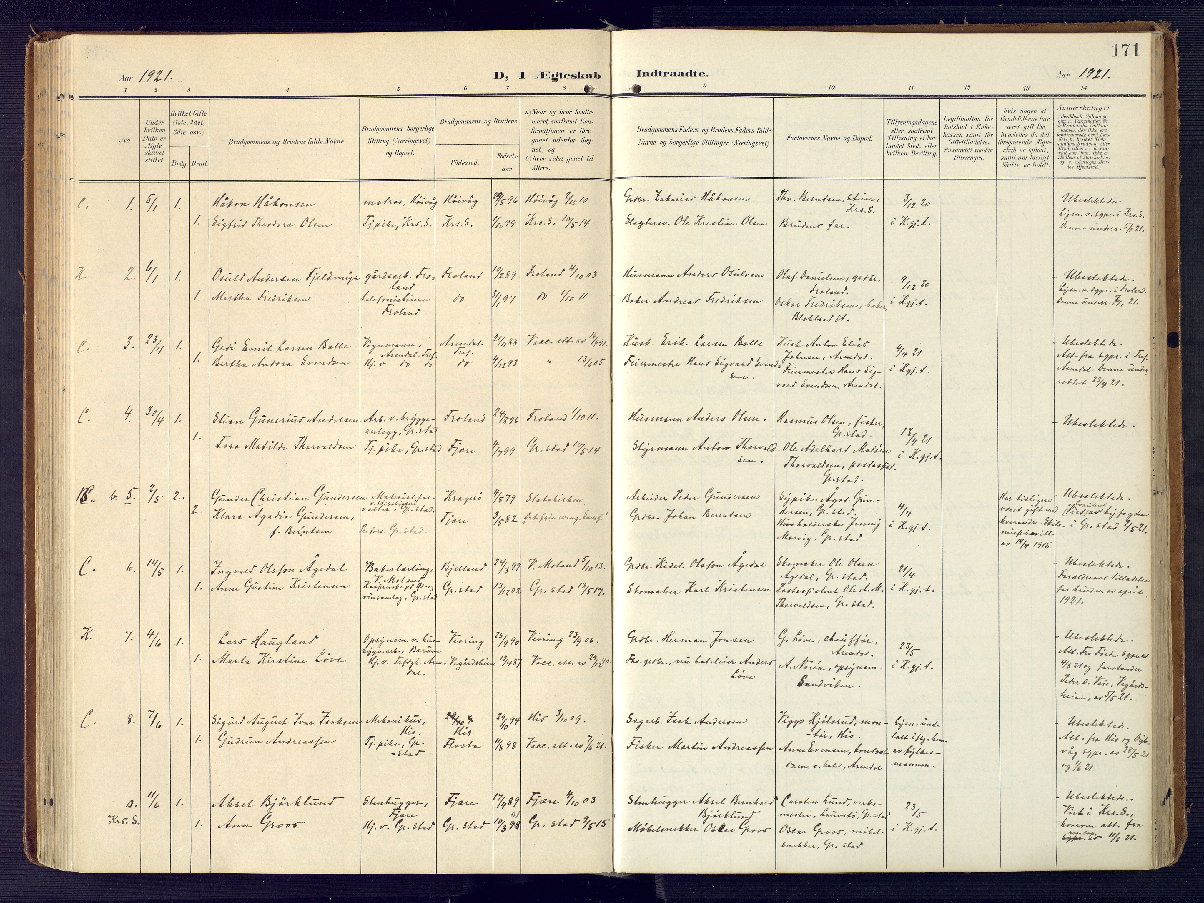 Grimstad sokneprestkontor, AV/SAK-1111-0017/F/Fa/L0005: Parish register (official) no. A 4, 1911-1924, p. 171