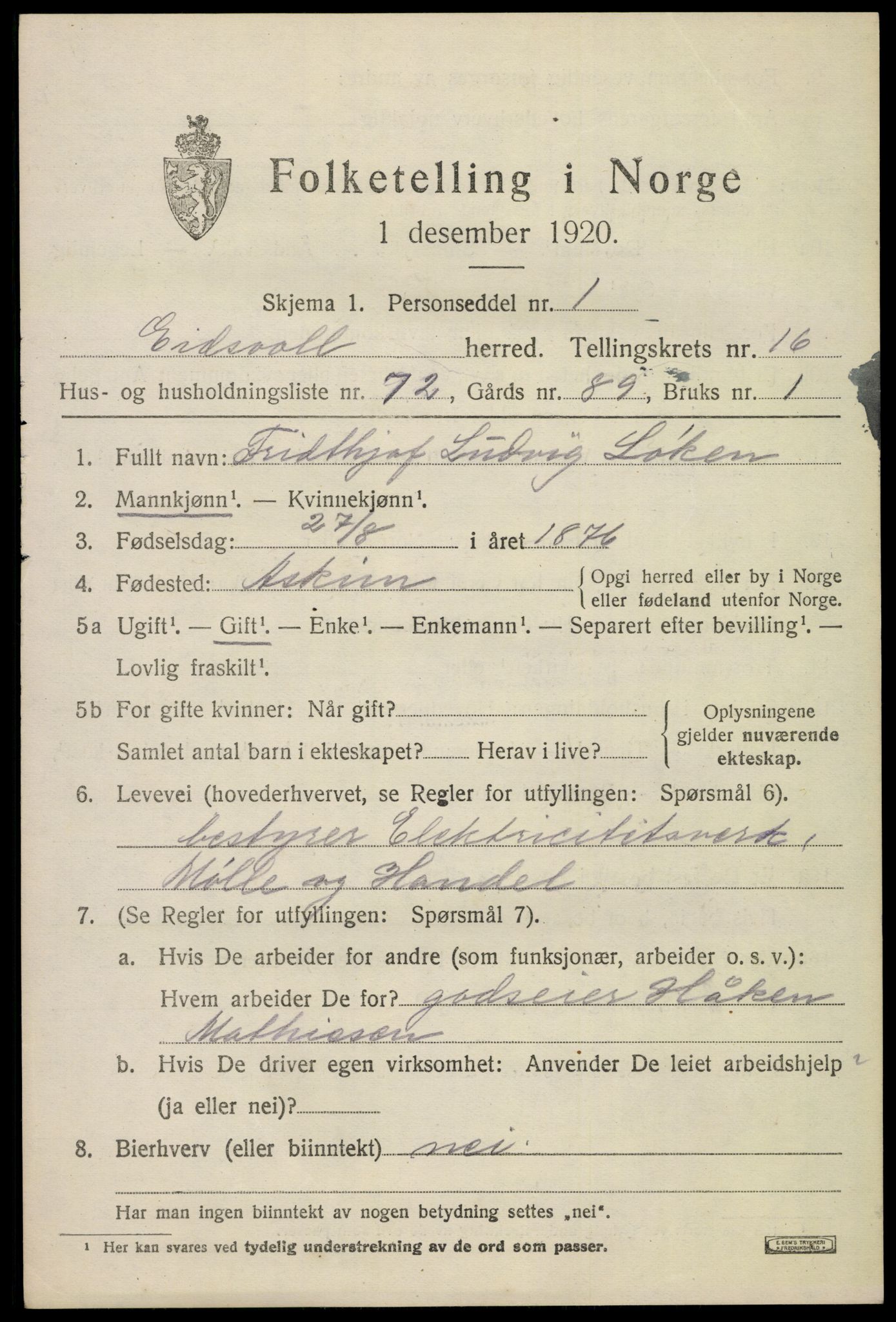 SAO, 1920 census for Eidsvoll, 1920, p. 23365