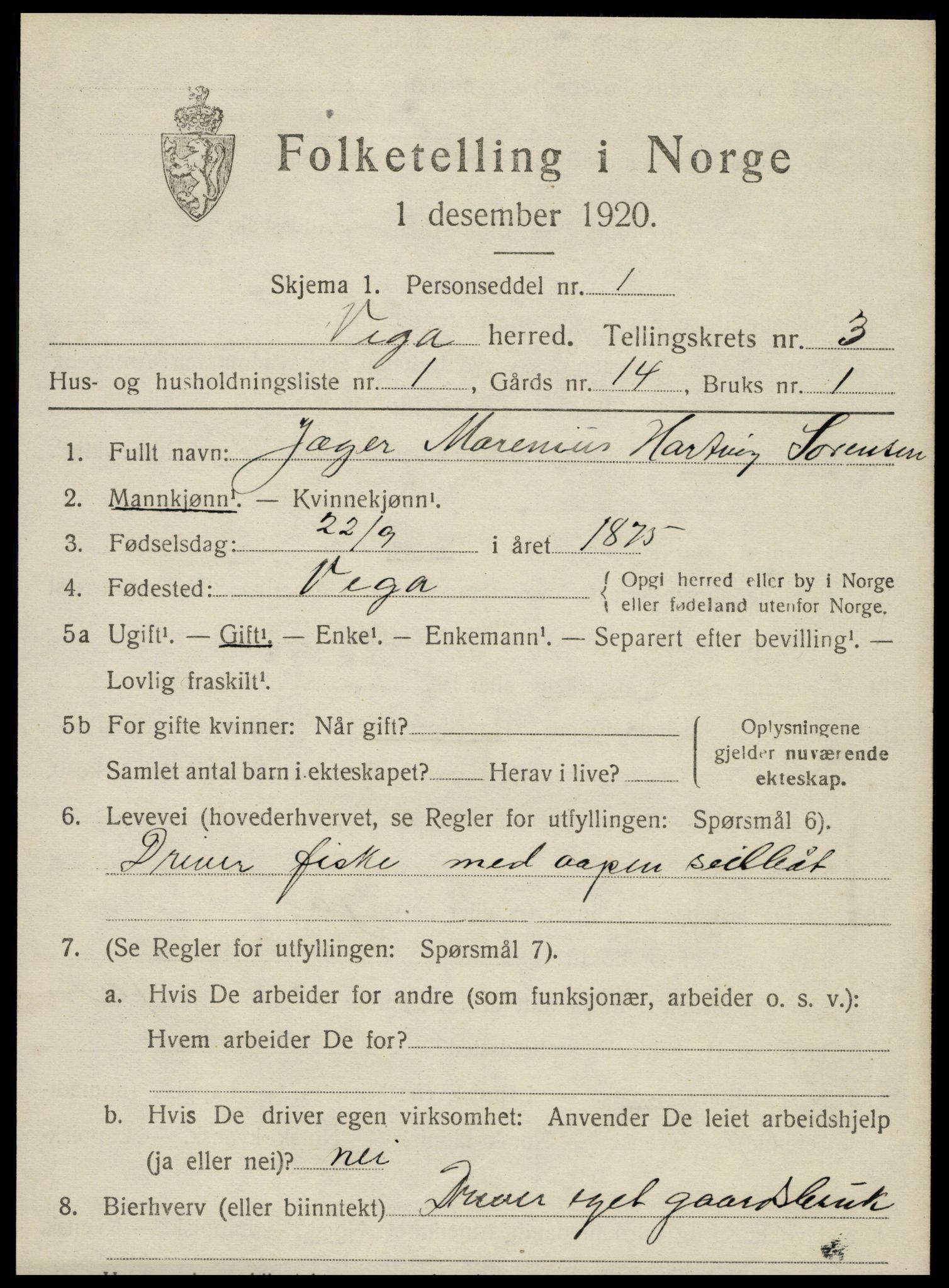 SAT, 1920 census for Vega, 1920, p. 1697