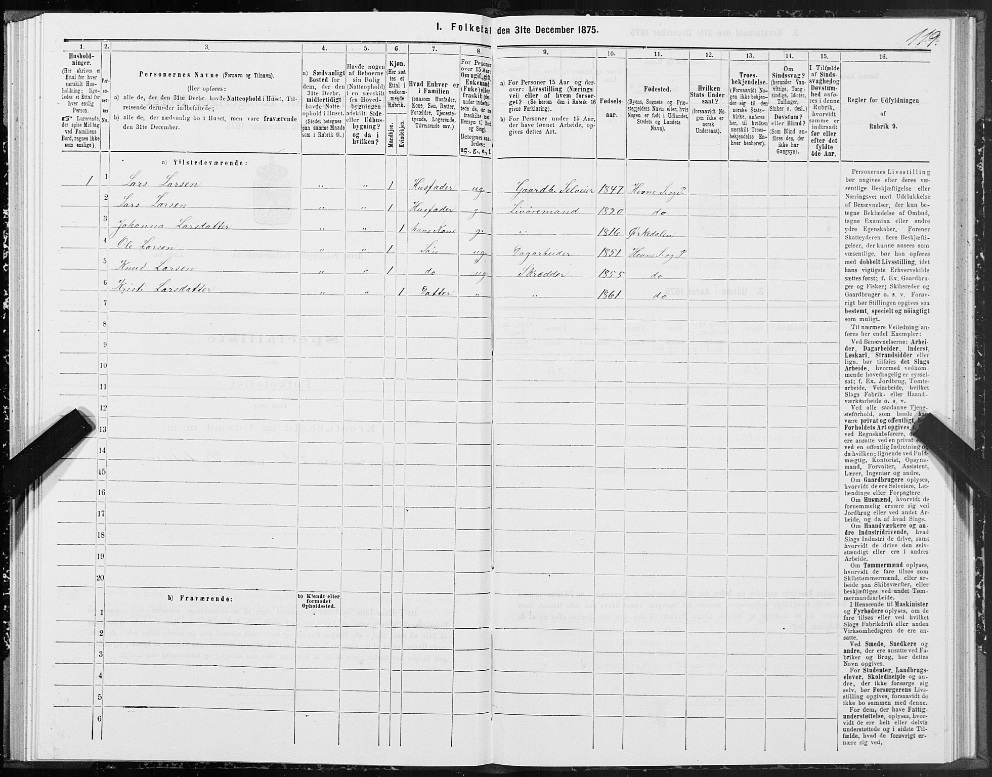 SAT, 1875 census for 1612P Hemne, 1875, p. 1119