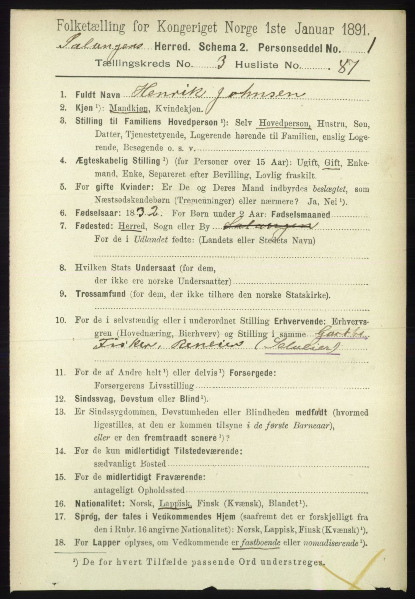 RA, 1891 census for 1921 Salangen, 1891, p. 1720