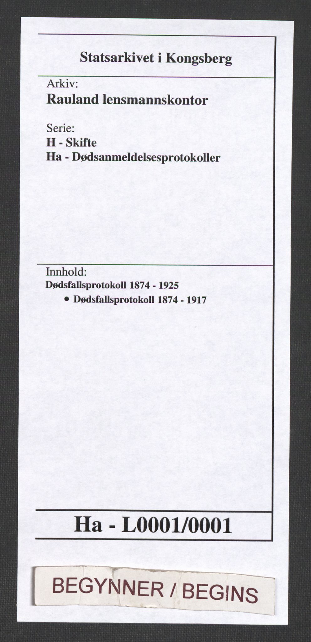 Rauland lensmannskontor, SAKO/A-568/H/Ha/L0001/0001: Dødsfallsprotokoll / Dødsfallsprotokoll, 1874-1917