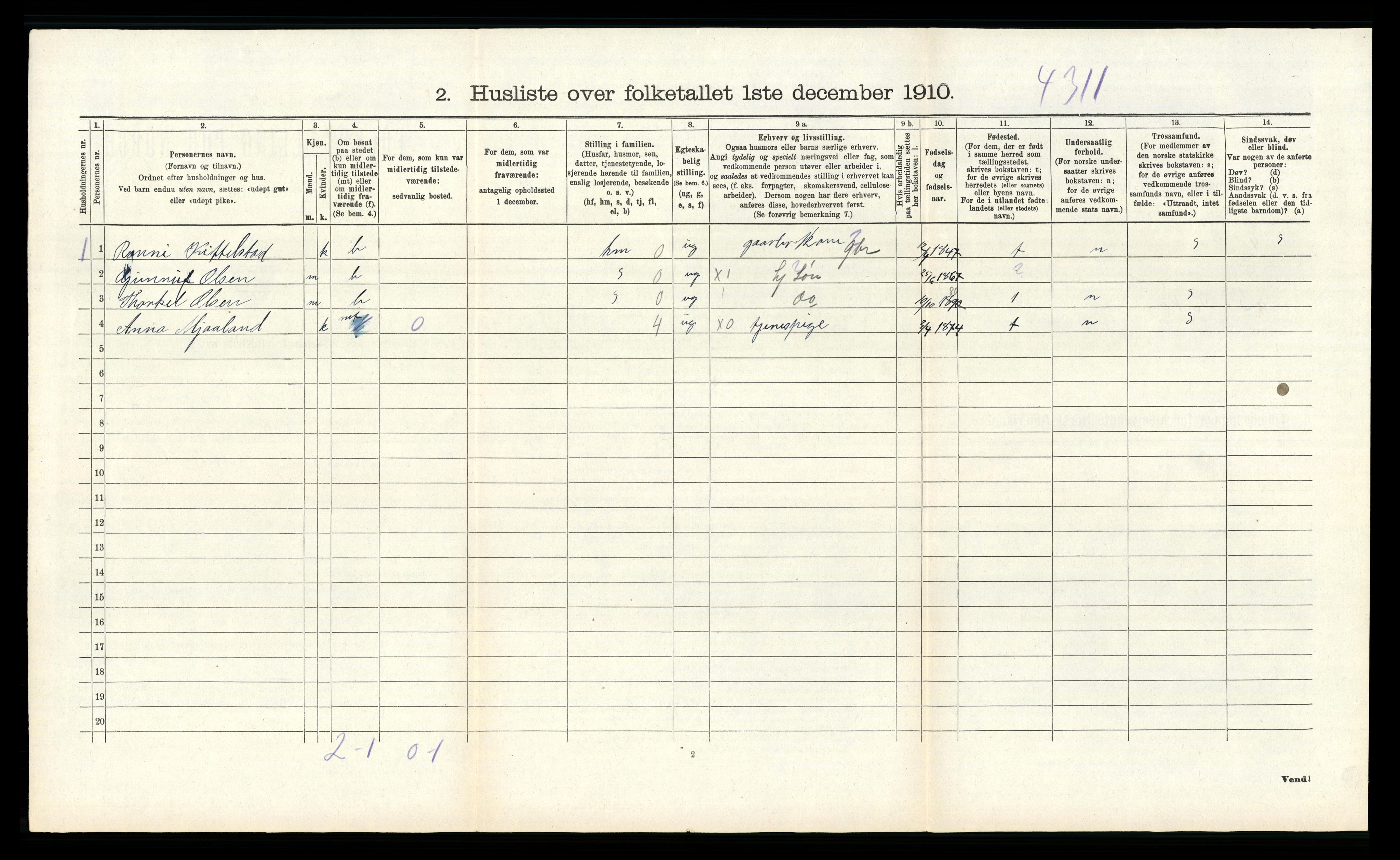 RA, 1910 census for Åseral, 1910, p. 414