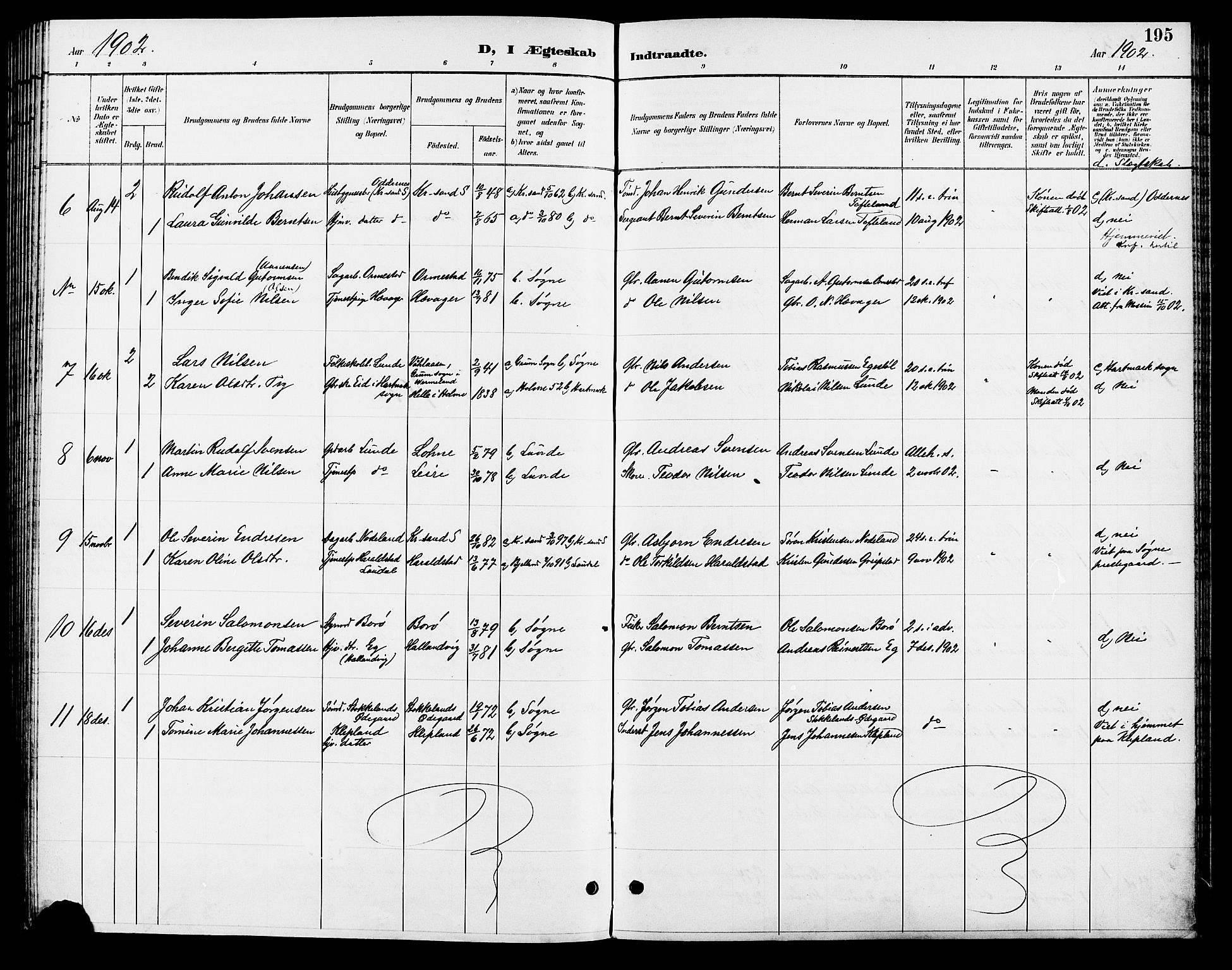 Søgne sokneprestkontor, AV/SAK-1111-0037/F/Fb/Fbb/L0006: Parish register (copy) no. B 6, 1892-1911, p. 195