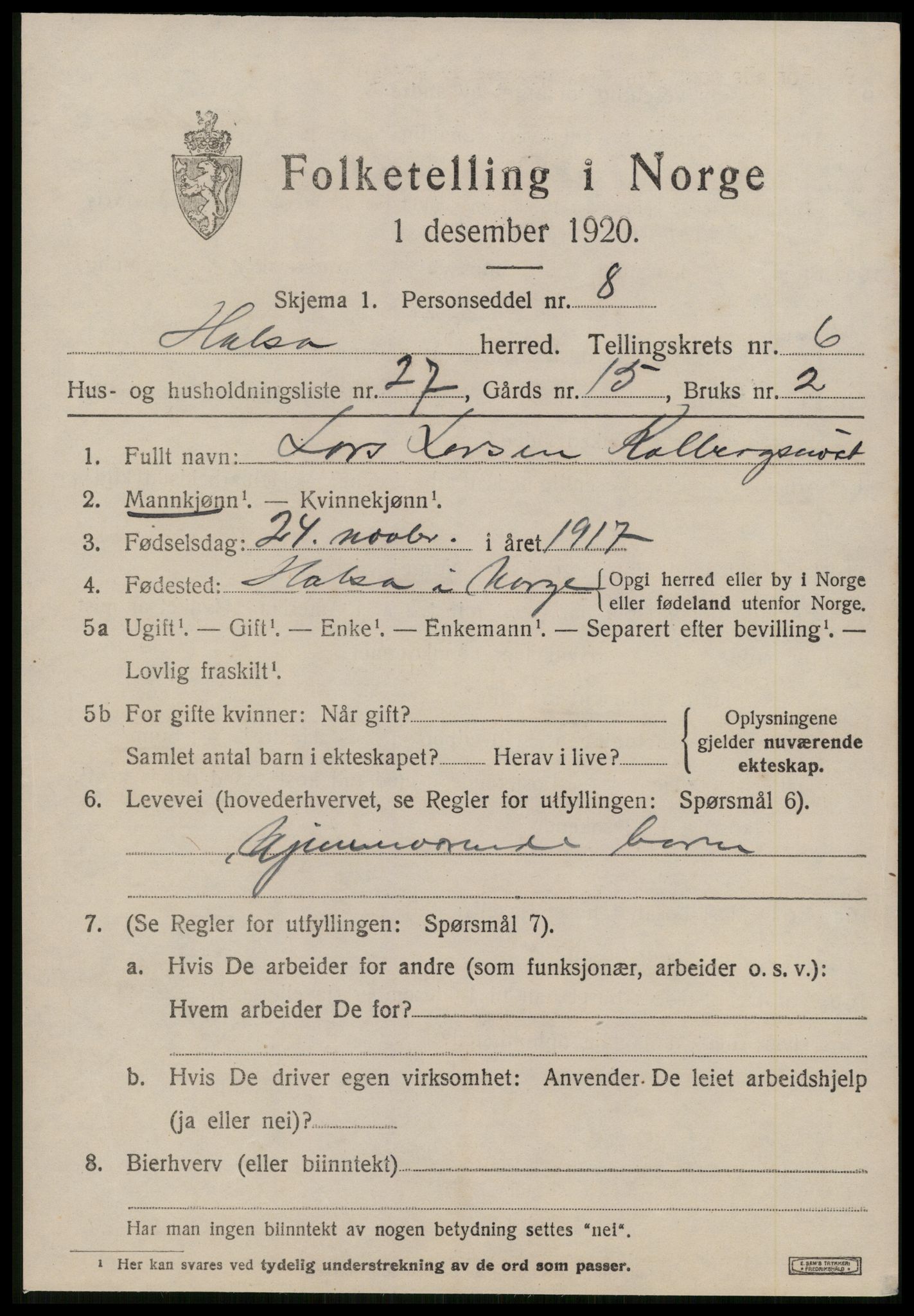 SAT, 1920 census for Halsa, 1920, p. 2551