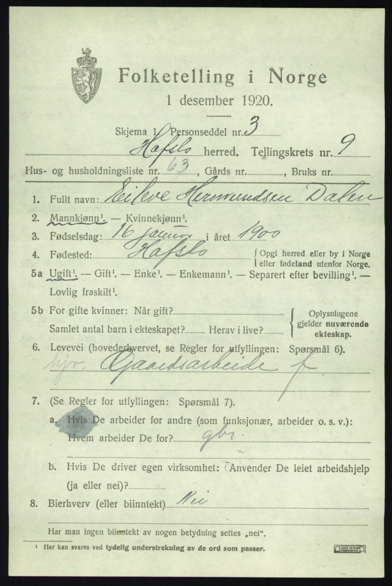 SAB, 1920 census for Hafslo, 1920, p. 6918