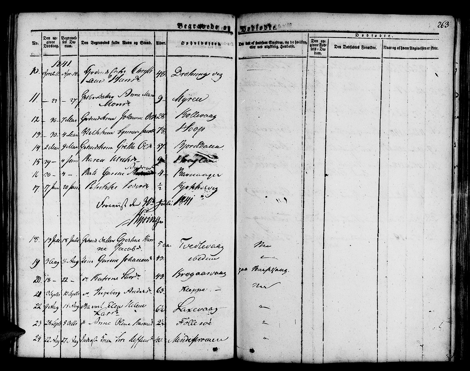 Askøy Sokneprestembete, SAB/A-74101/H/Ha/Haa/Haaa/L0004: Parish register (official) no. A 4, 1825-1845, p. 263