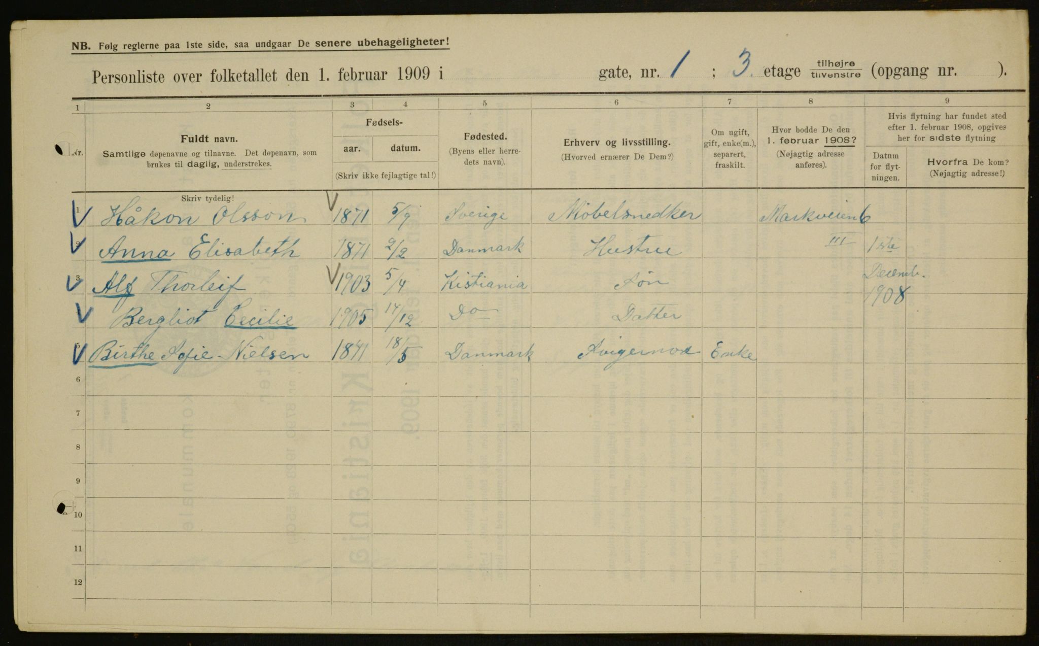 OBA, Municipal Census 1909 for Kristiania, 1909, p. 71139