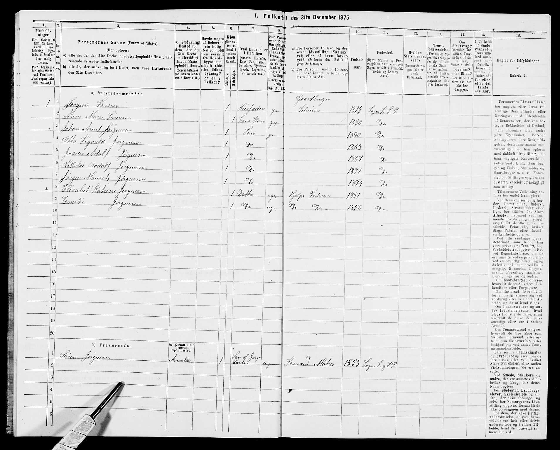 SAK, 1875 census for 1018P Søgne, 1875, p. 1010