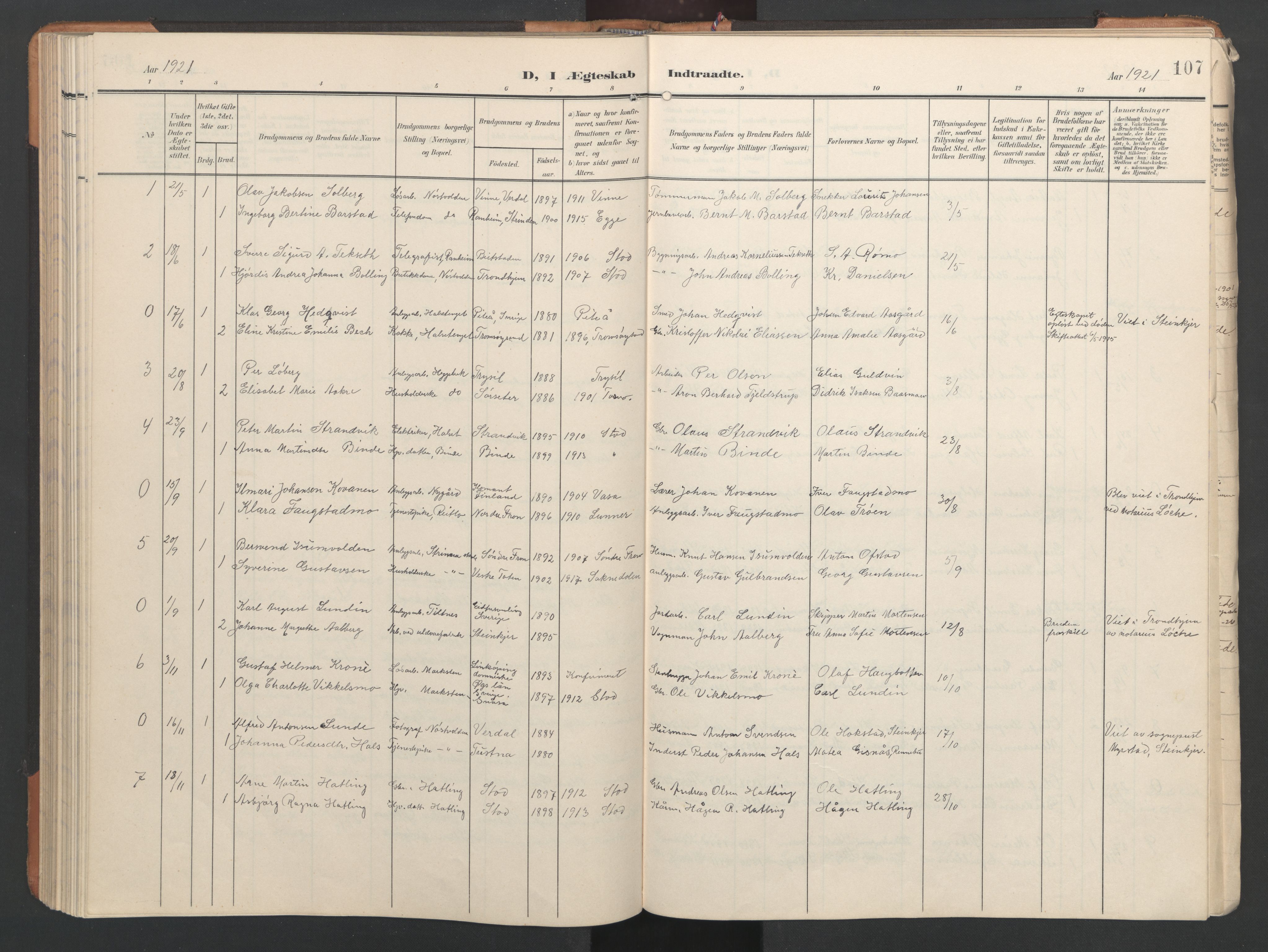 Ministerialprotokoller, klokkerbøker og fødselsregistre - Nord-Trøndelag, SAT/A-1458/746/L0455: Parish register (copy) no. 746C01, 1908-1933, p. 107