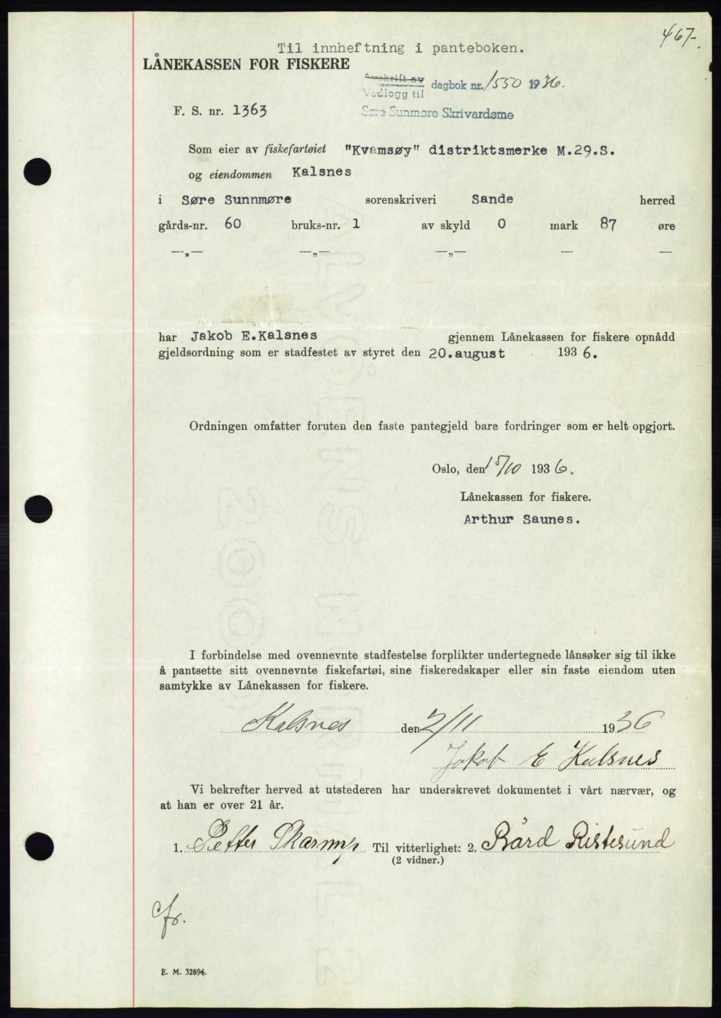 Søre Sunnmøre sorenskriveri, AV/SAT-A-4122/1/2/2C/L0061: Mortgage book no. 55, 1936-1936, Diary no: : 1550/1936