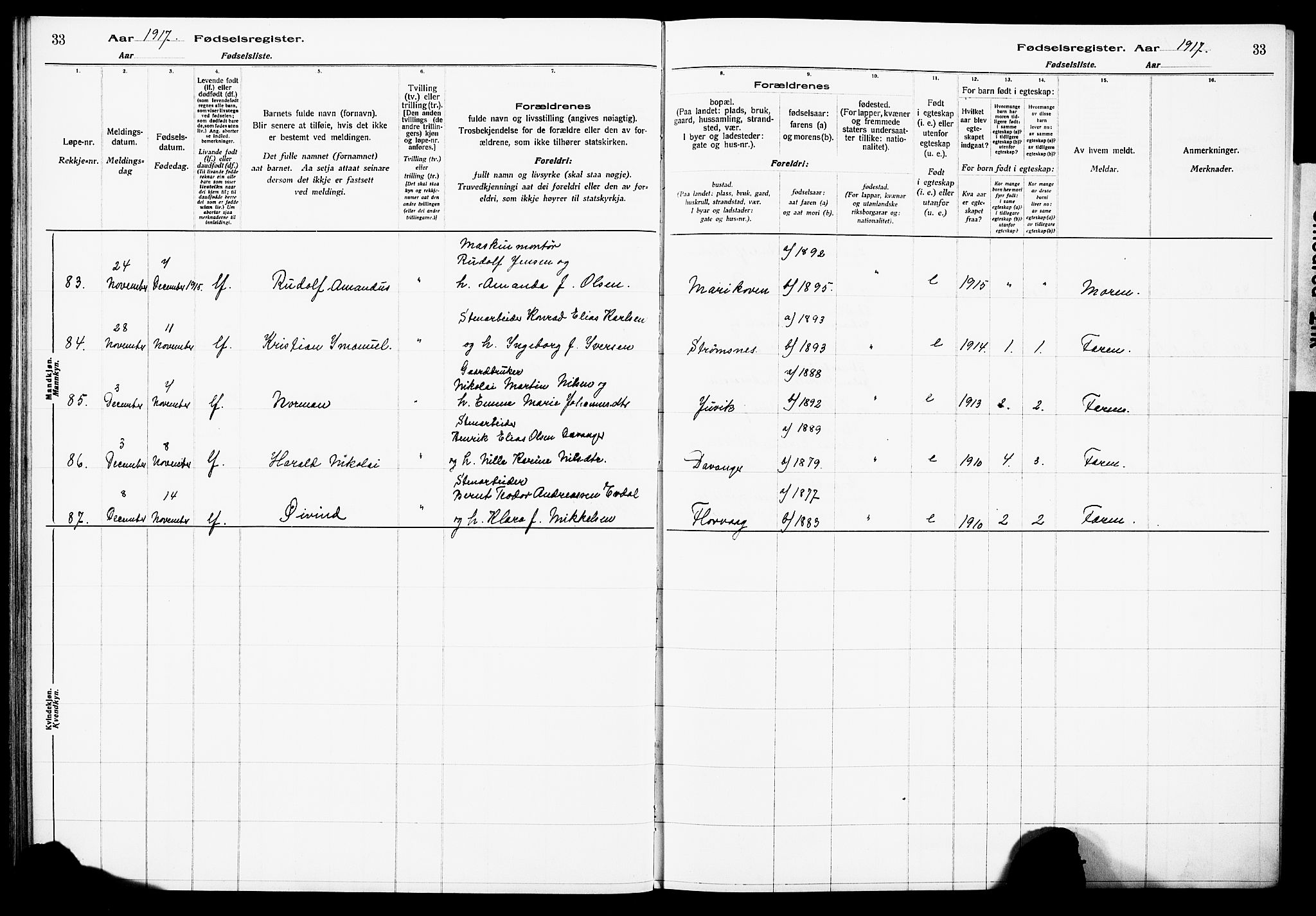 Askøy Sokneprestembete, AV/SAB-A-74101/I/Id/L00A1: Birth register no. A 1, 1916-1928, p. 33