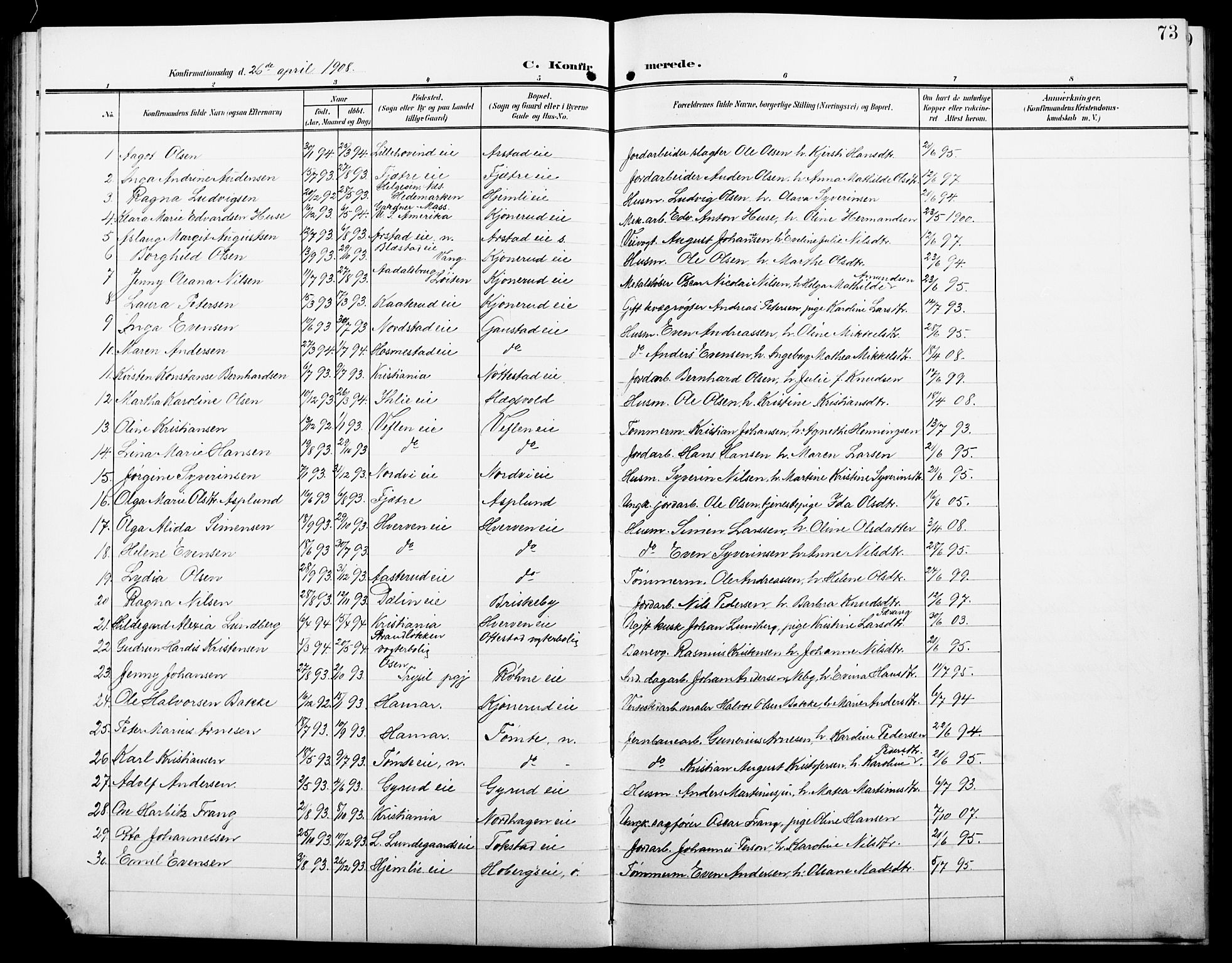 Stange prestekontor, AV/SAH-PREST-002/L/L0013: Parish register (copy) no. 13, 1906-1915, p. 73