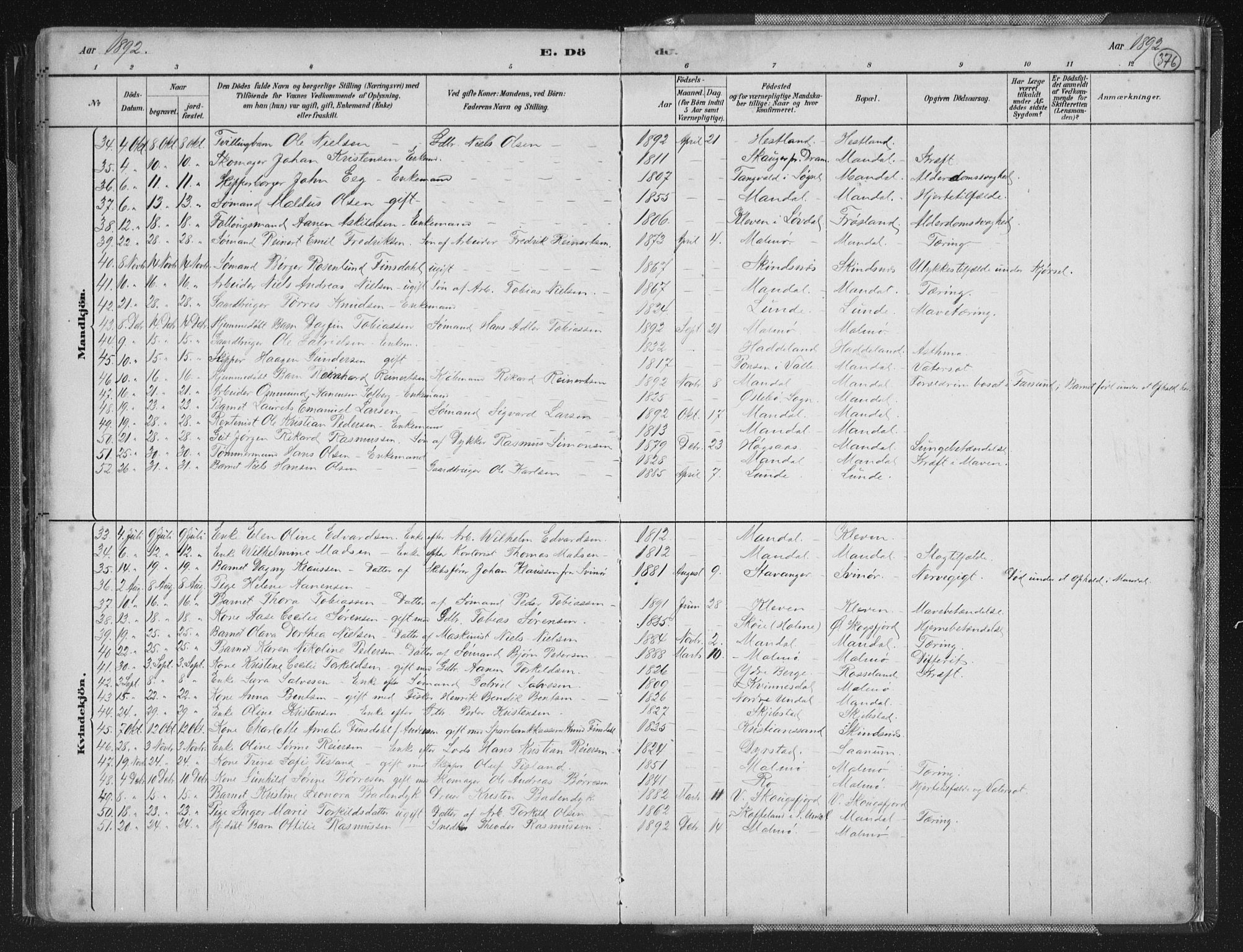 Mandal sokneprestkontor, AV/SAK-1111-0030/F/Fb/Fba/L0011: Parish register (copy) no. B 5, 1880-1898, p. 376