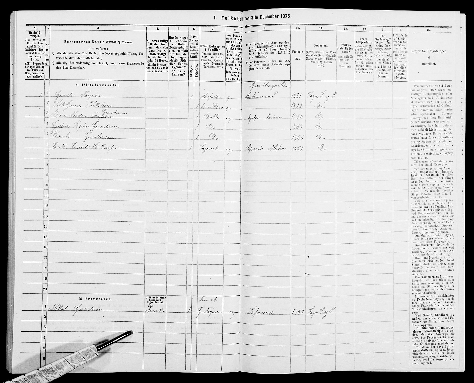 SAK, 1875 census for 1018P Søgne, 1875, p. 1110