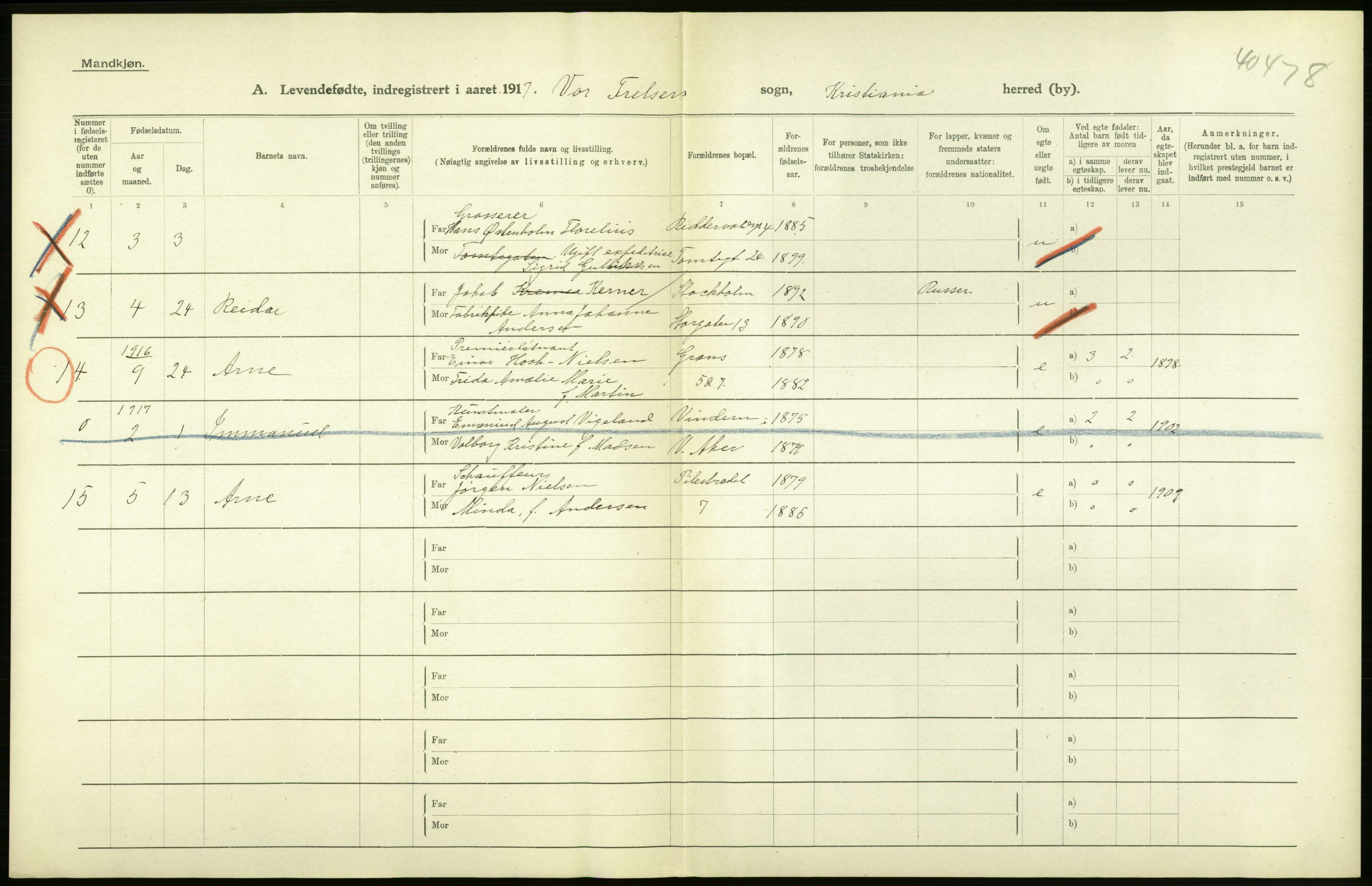 Statistisk sentralbyrå, Sosiodemografiske emner, Befolkning, AV/RA-S-2228/D/Df/Dfb/Dfbg/L0007: Kristiania: Levendefødte menn og kvinner., 1917, p. 10