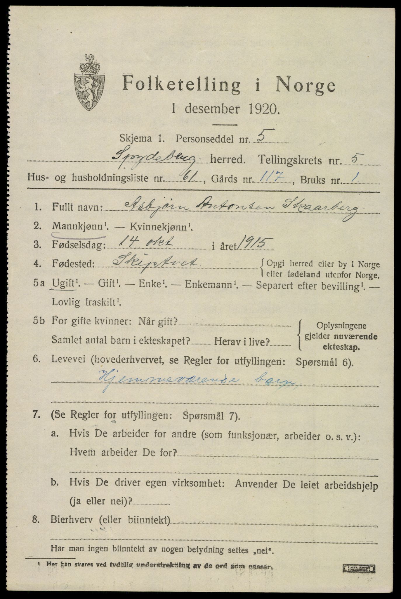 SAO, 1920 census for Spydeberg, 1920, p. 6885