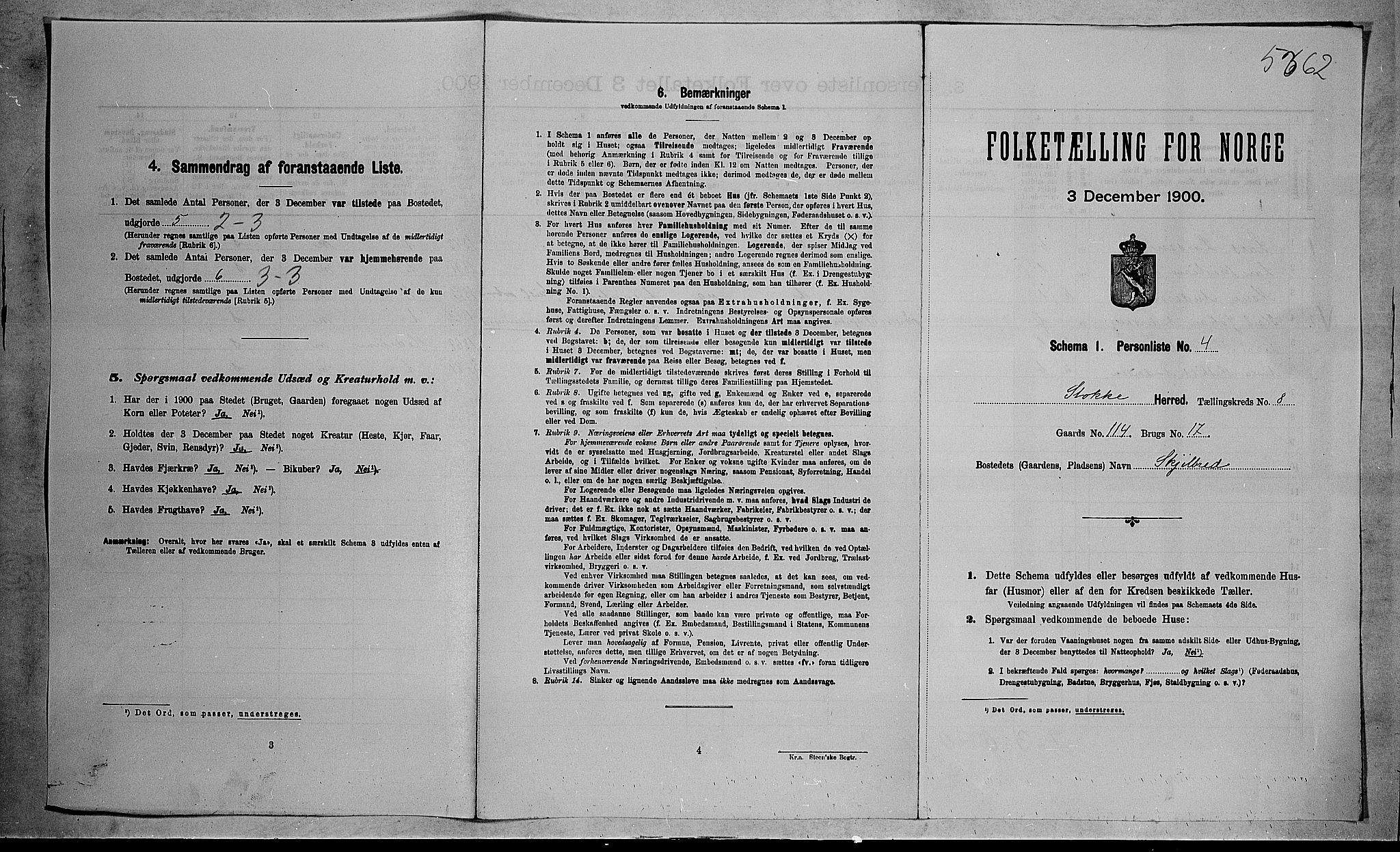 RA, 1900 census for Stokke, 1900, p. 1407