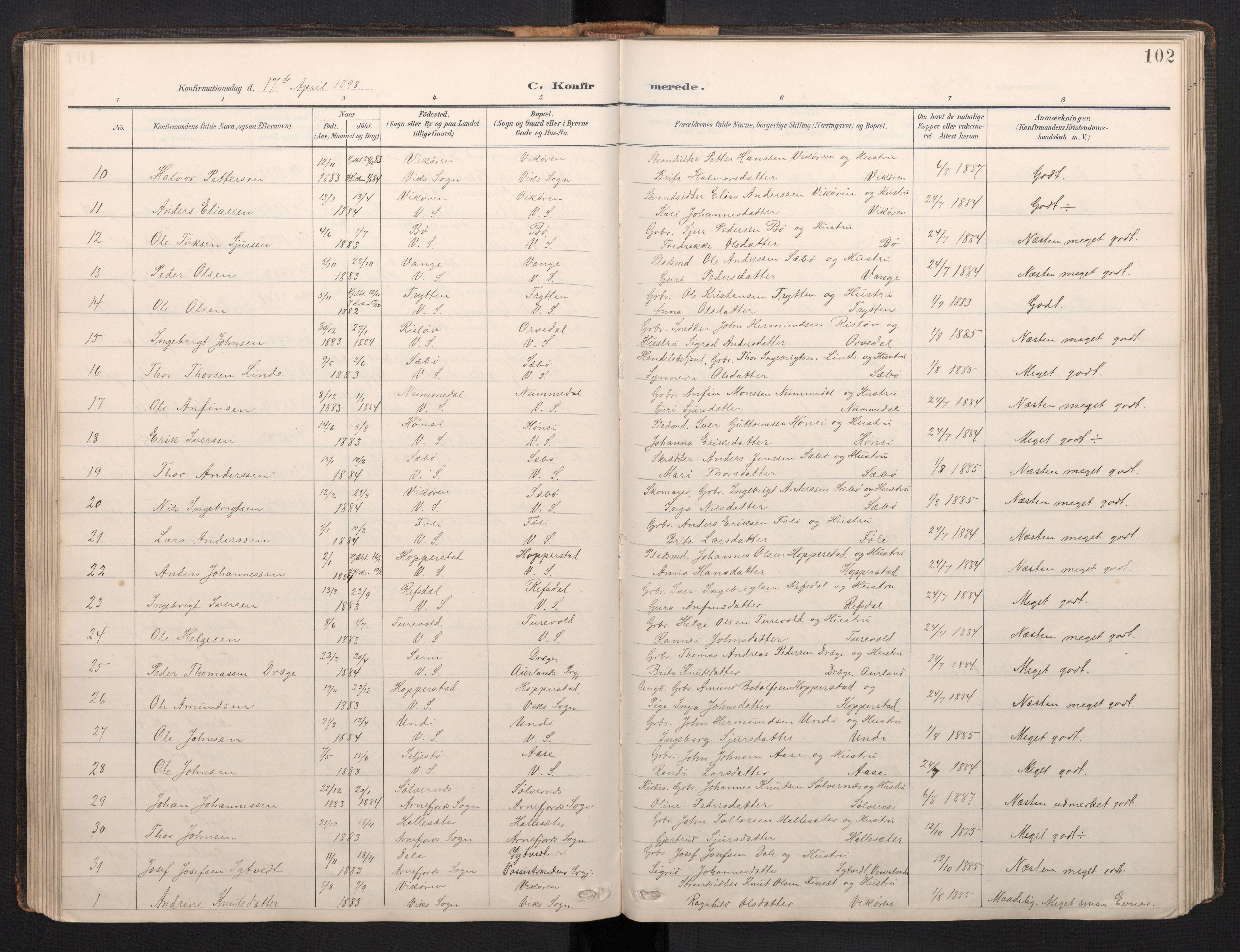 Vik sokneprestembete, AV/SAB-A-81501/H/Hab/Haba/L0004: Parish register (copy) no. A 4, 1895-1914, p. 101b-102a