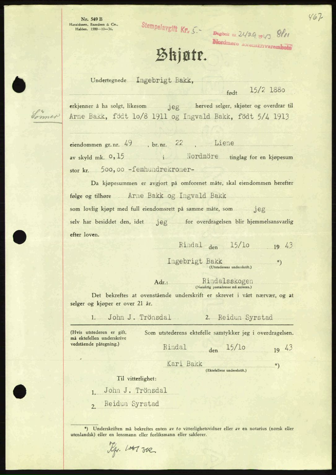 Nordmøre sorenskriveri, SAT/A-4132/1/2/2Ca: Mortgage book no. A96, 1943-1944, Diary no: : 2429/1943