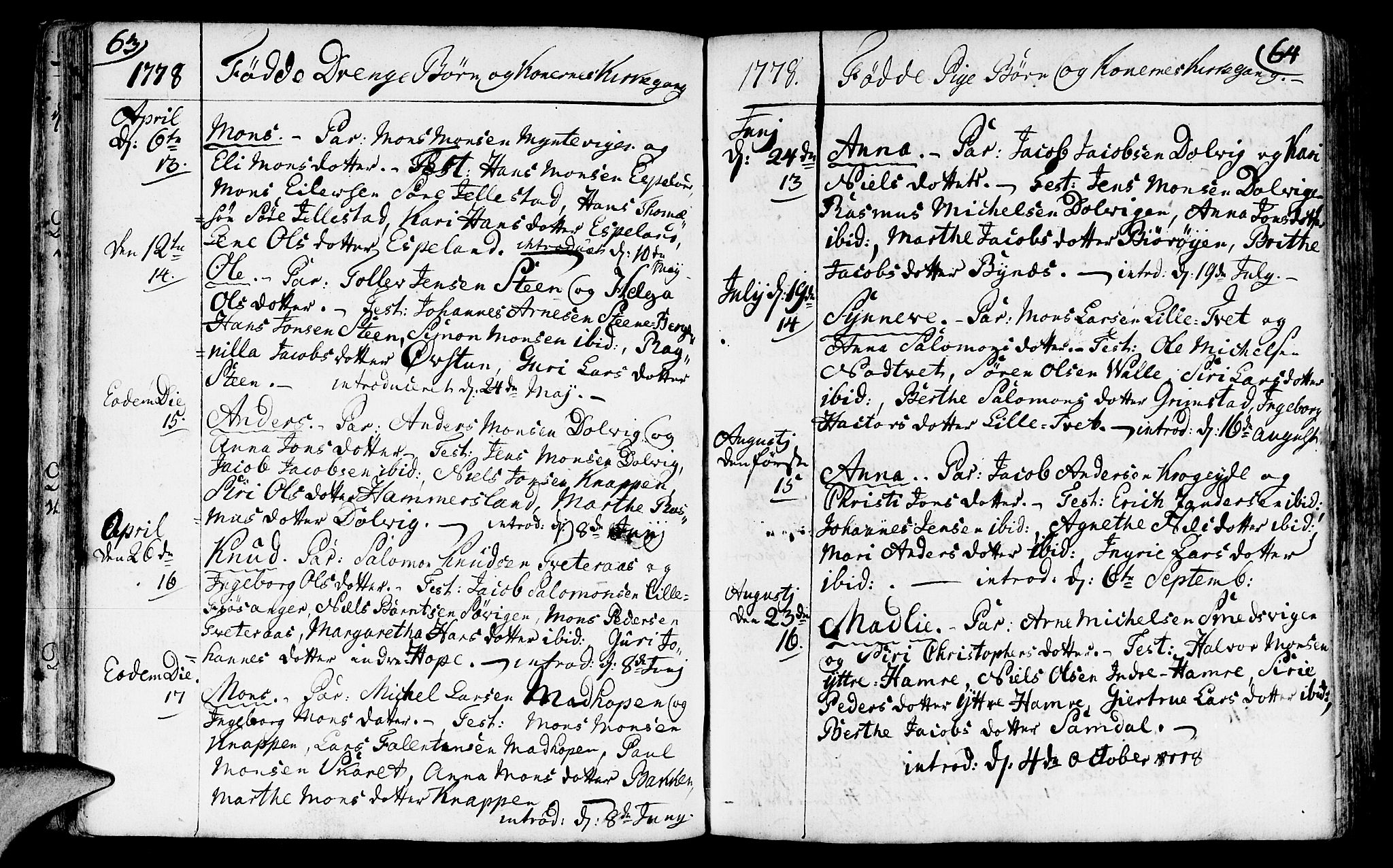 Fana Sokneprestembete, AV/SAB-A-75101/H/Haa/Haaa/L0005: Parish register (official) no. A 5, 1773-1799, p. 63-64