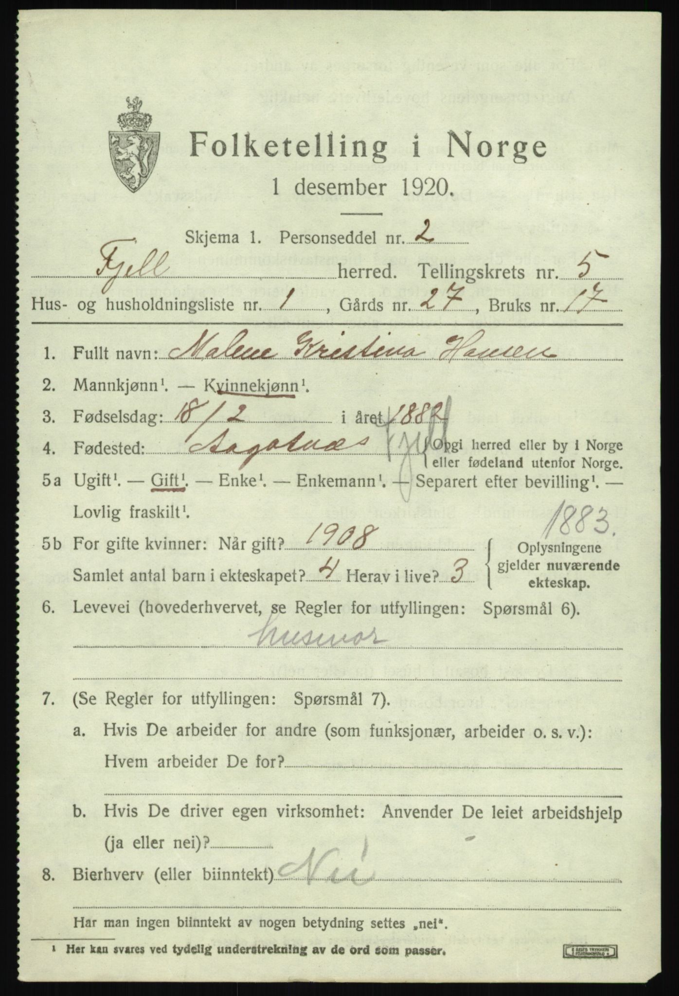 SAB, 1920 census for Fjell, 1920, p. 4444