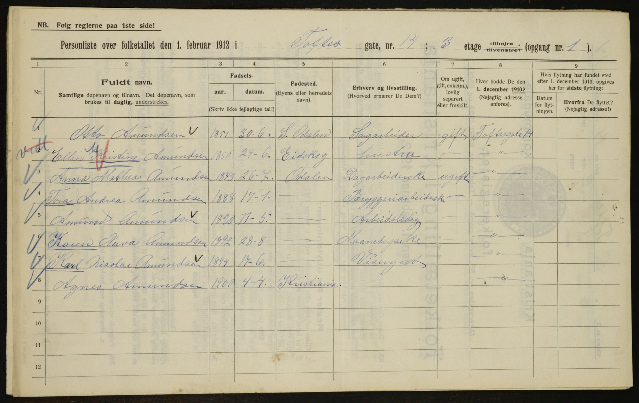 OBA, Municipal Census 1912 for Kristiania, 1912, p. 111526