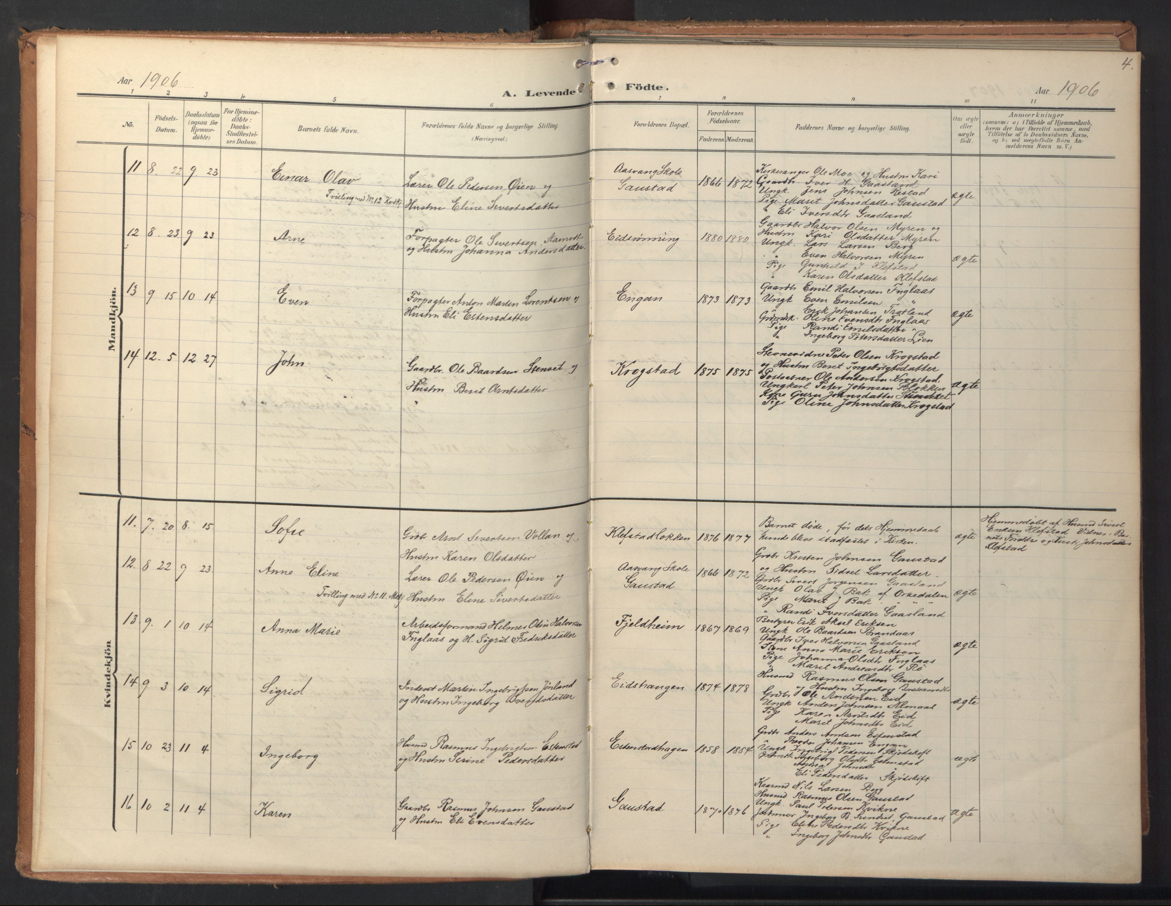 Ministerialprotokoller, klokkerbøker og fødselsregistre - Sør-Trøndelag, SAT/A-1456/694/L1128: Parish register (official) no. 694A02, 1906-1931, p. 4