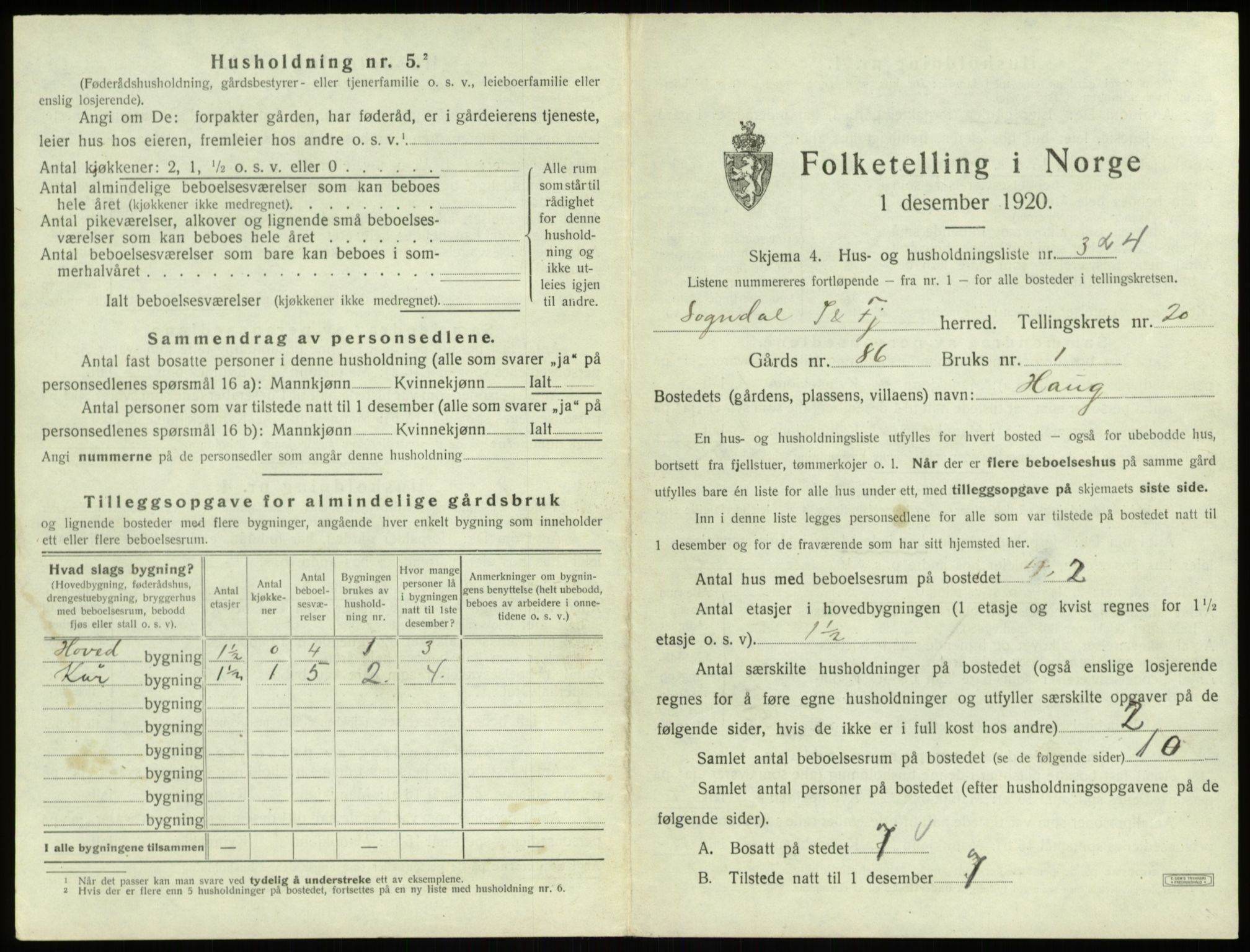 SAB, 1920 census for Sogndal, 1920, p. 1108