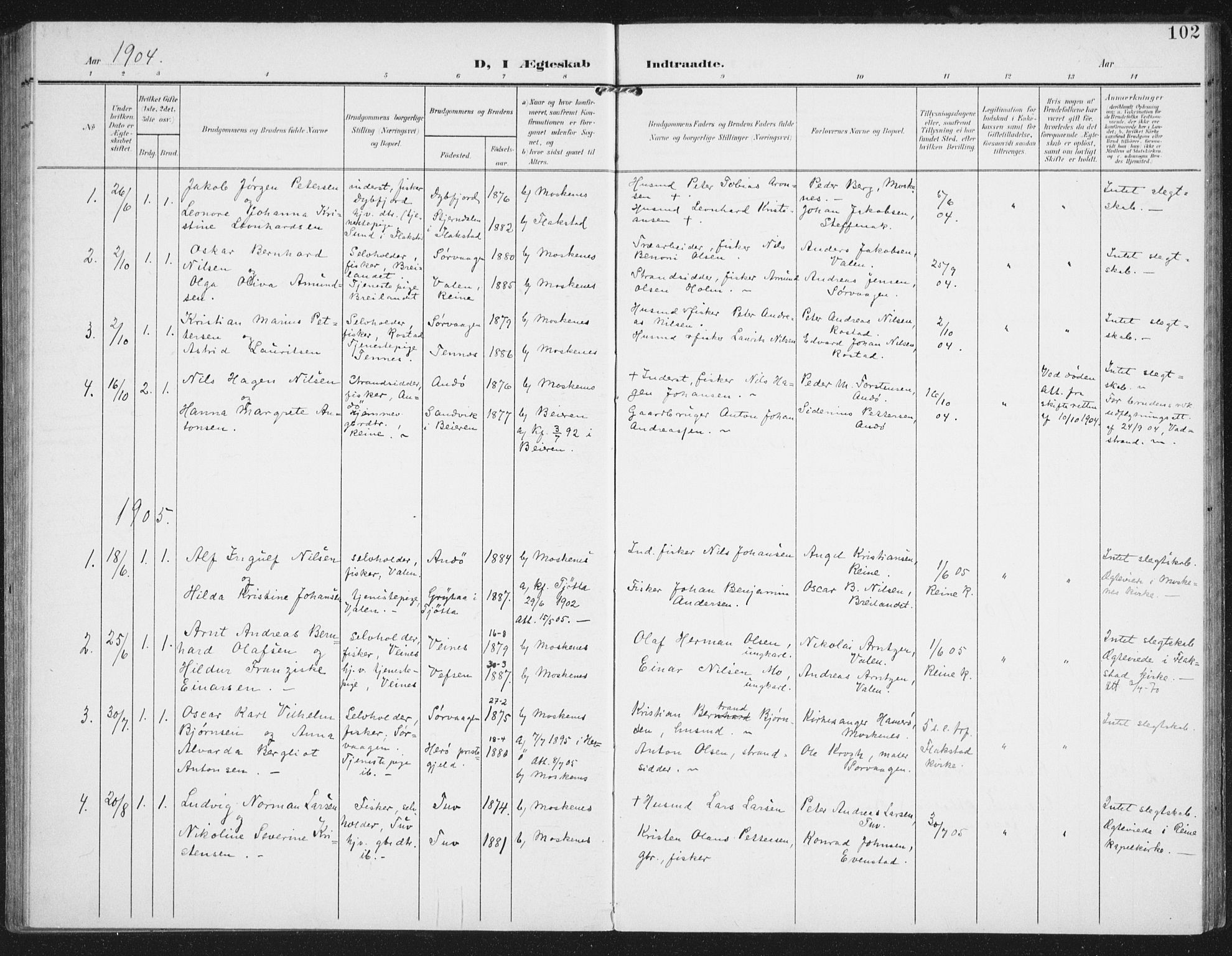 Ministerialprotokoller, klokkerbøker og fødselsregistre - Nordland, AV/SAT-A-1459/886/L1221: Parish register (official) no. 886A03, 1903-1913, p. 102