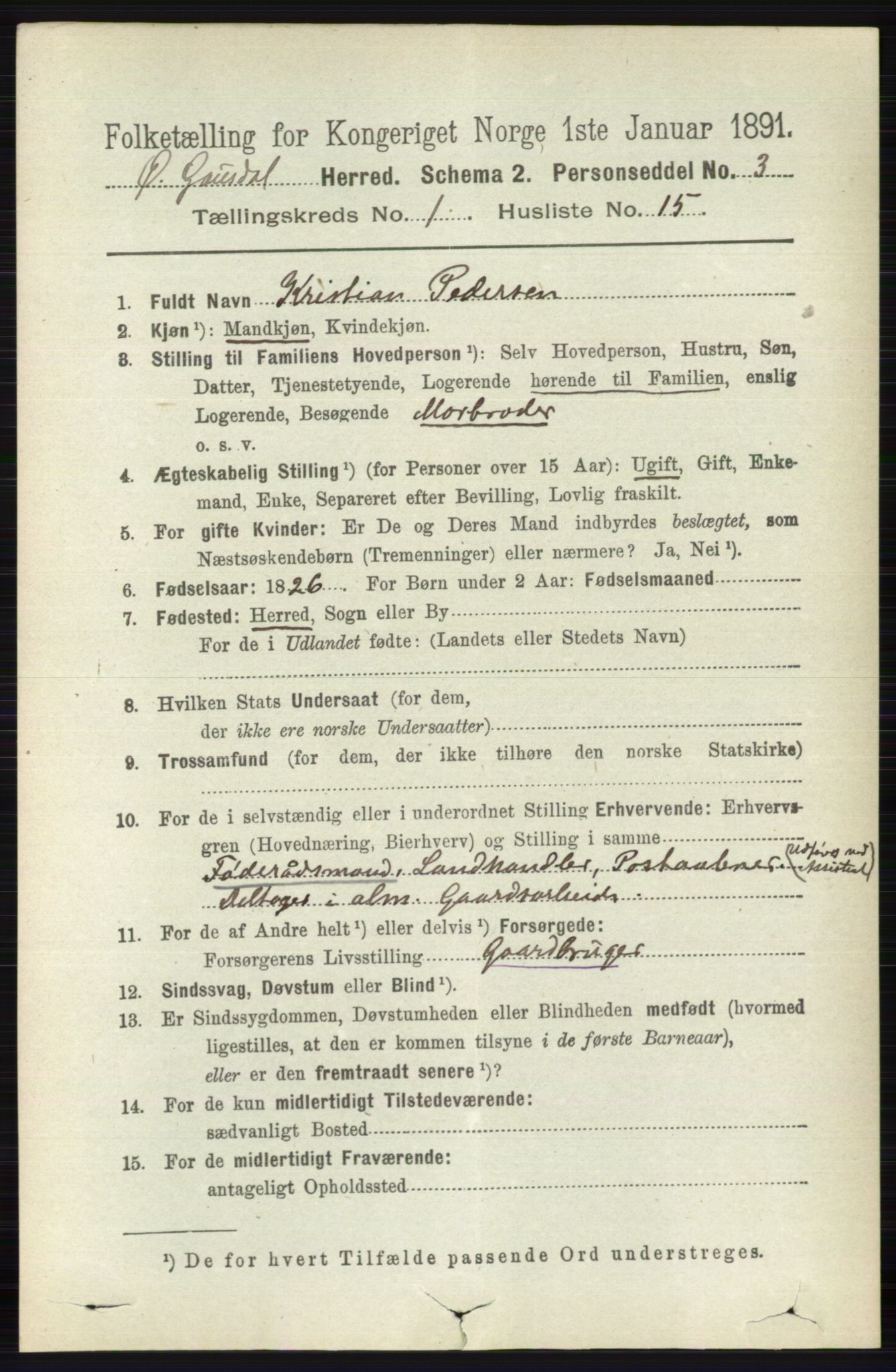 RA, 1891 census for 0522 Østre Gausdal, 1891, p. 283