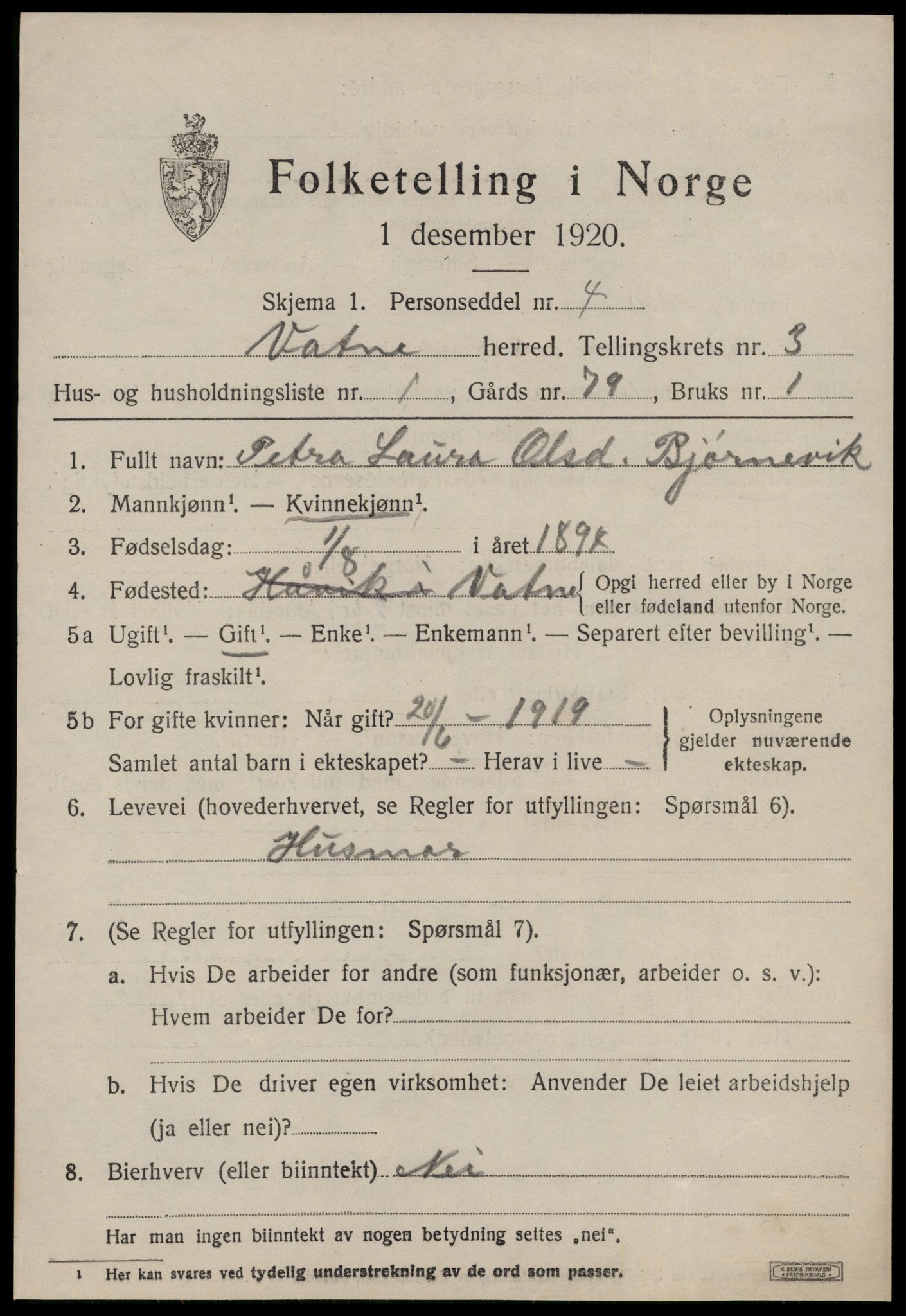 SAT, 1920 census for Vatne, 1920, p. 1404