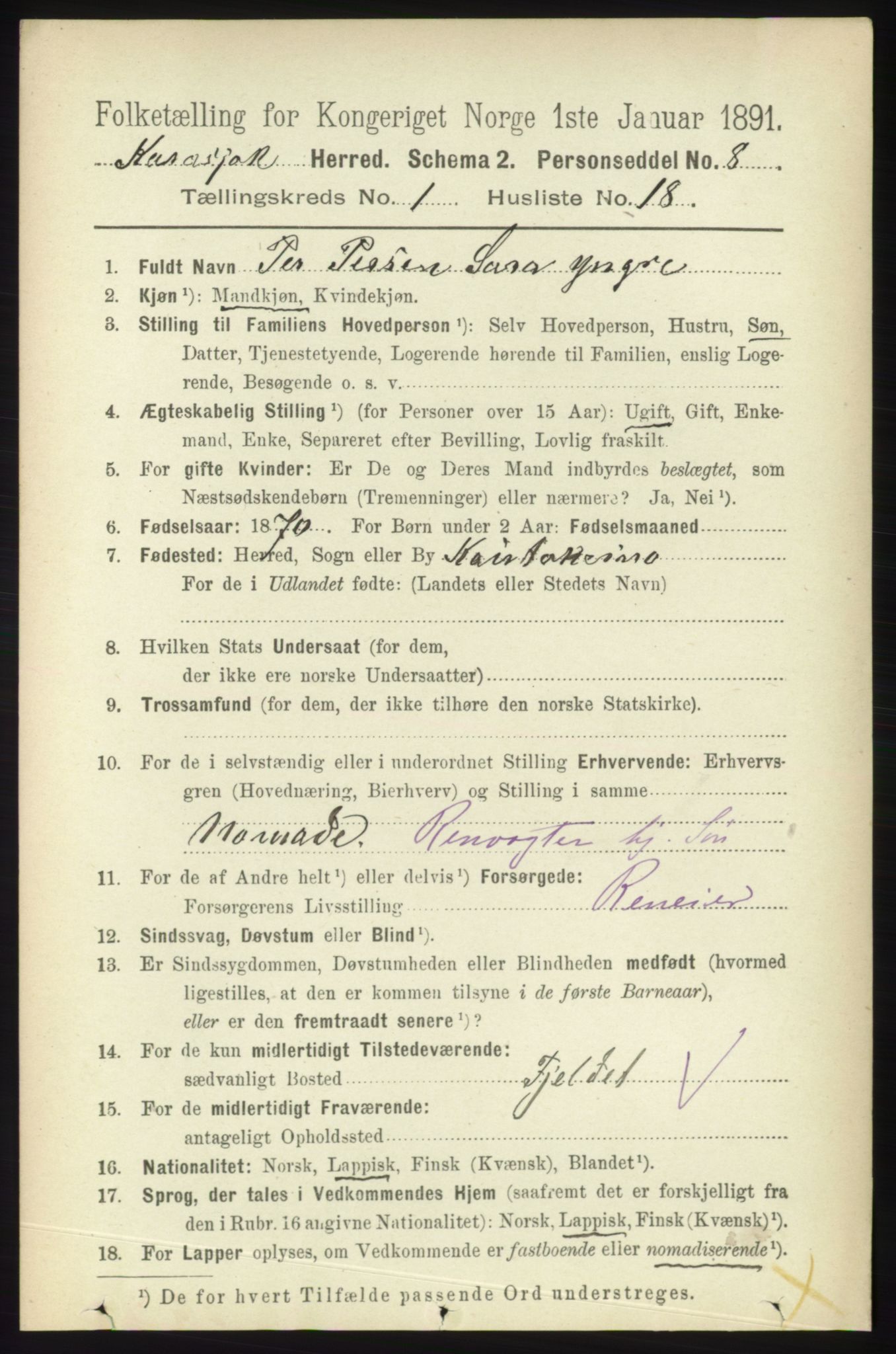 RA, 1891 census for 2021 Karasjok, 1891, p. 213